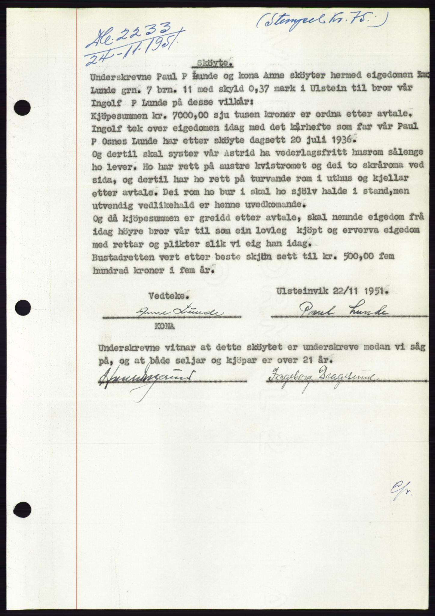 Søre Sunnmøre sorenskriveri, AV/SAT-A-4122/1/2/2C/L0090: Pantebok nr. 16A, 1951-1951, Dagboknr: 2233/1951