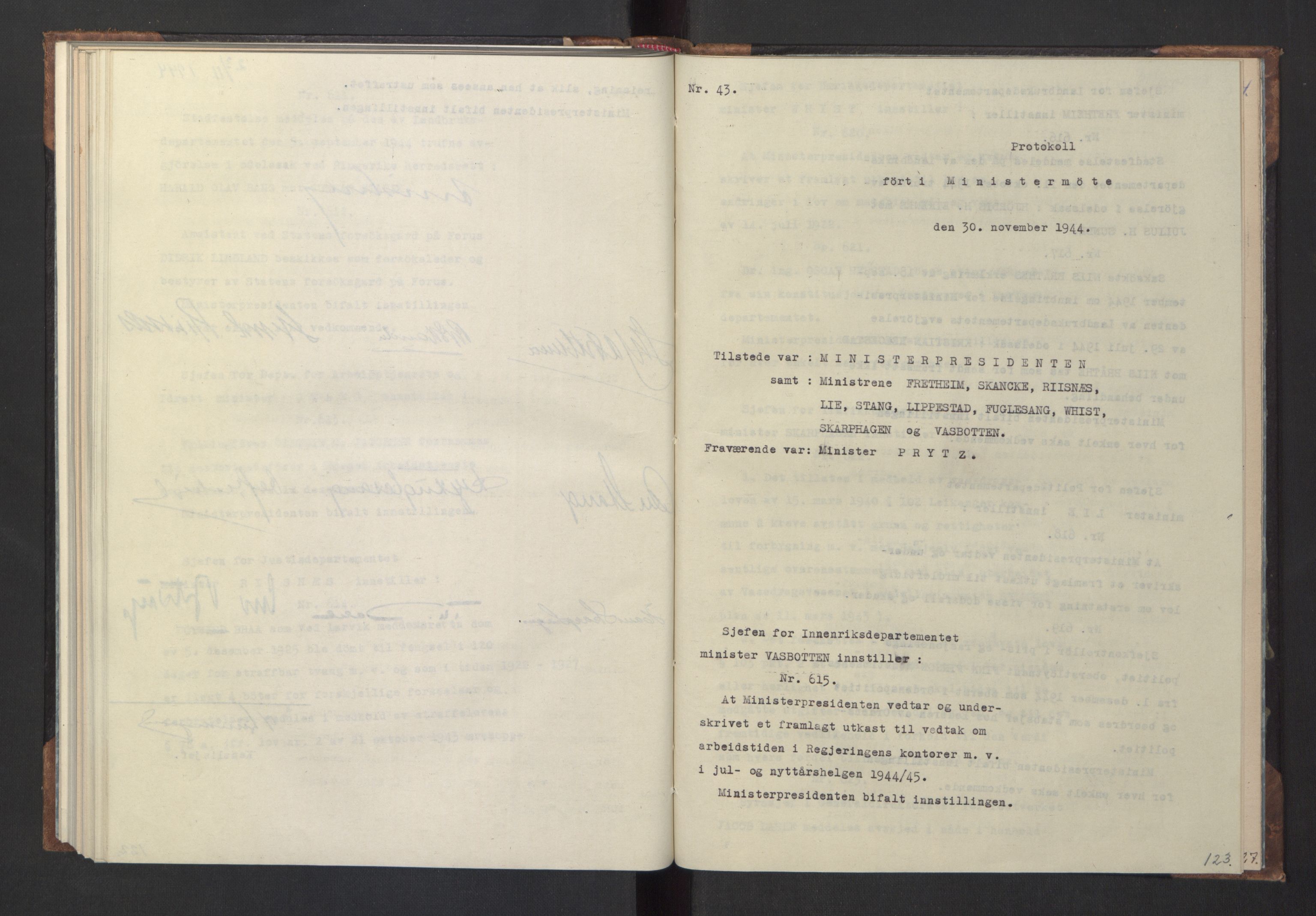 NS-administrasjonen 1940-1945 (Statsrådsekretariatet, de kommisariske statsråder mm), RA/S-4279/D/Da/L0005: Protokoll fra ministermøter, 1944, s. 125