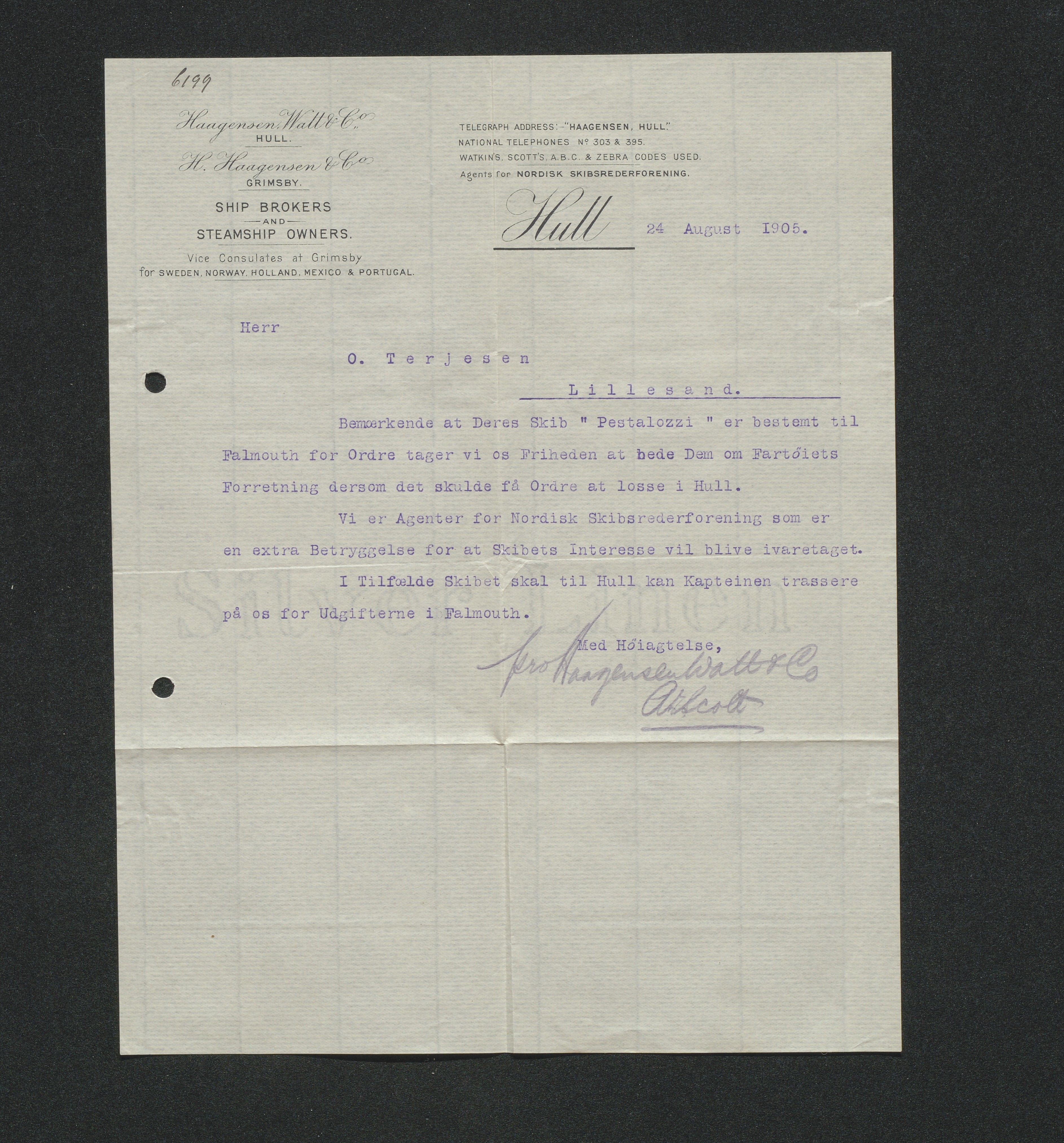 O. Terjesens rederi, AAKS/PA-2525/E/E01/L0013: Korrespondanse, 1904-1905