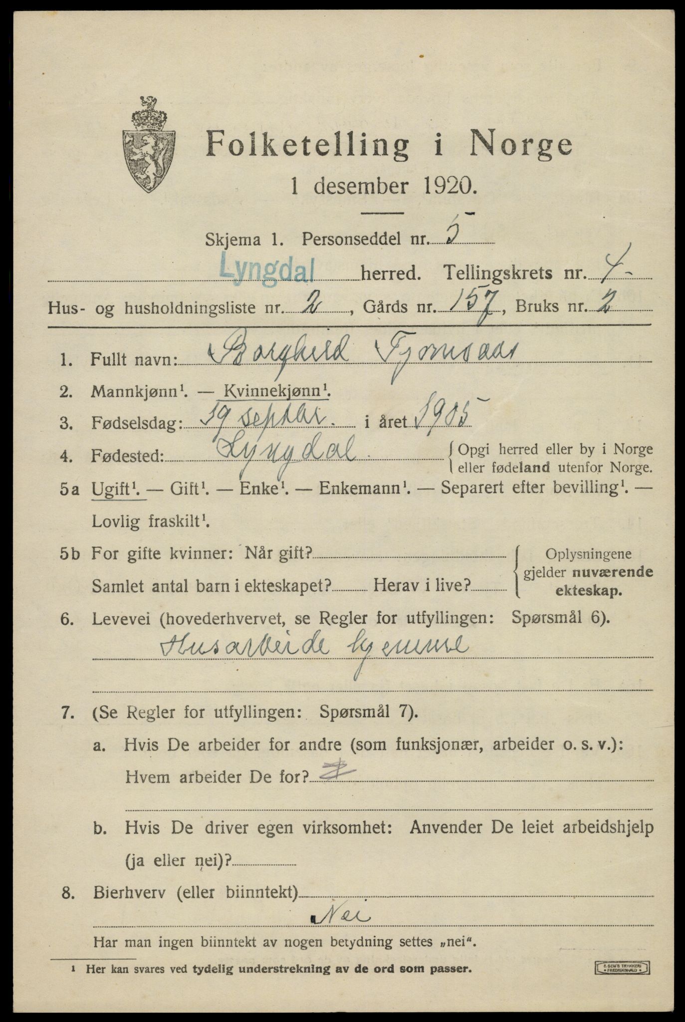 SAK, Folketelling 1920 for 1032 Lyngdal herred, 1920, s. 2401