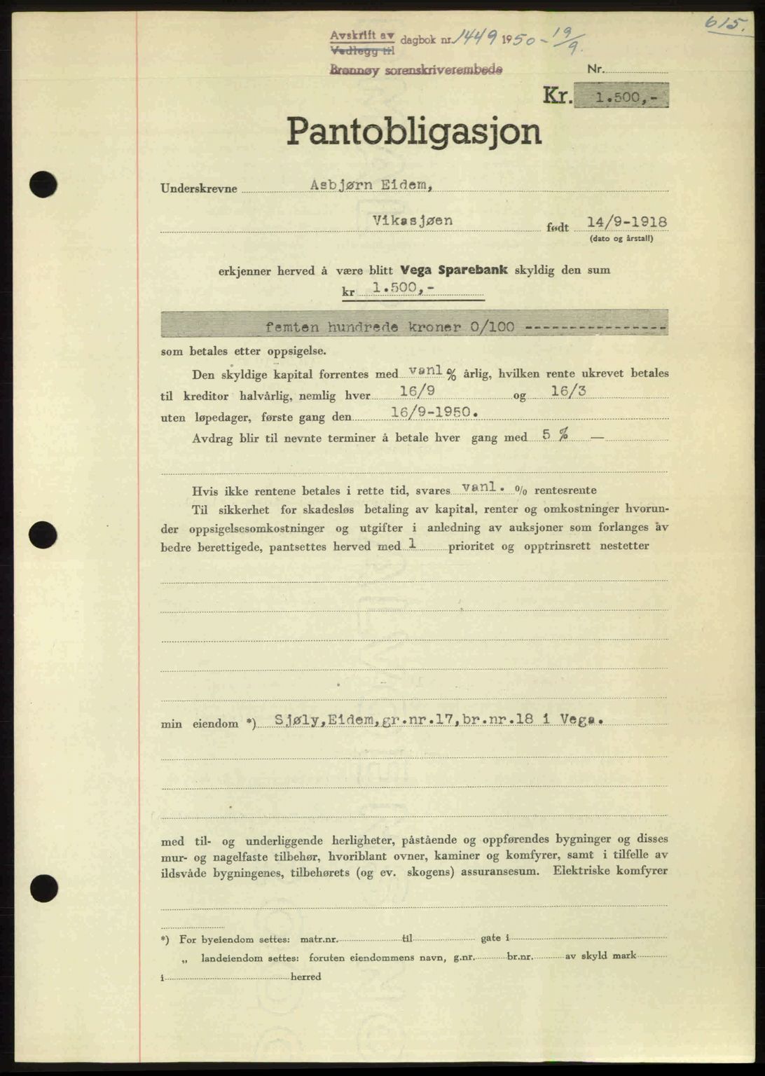Brønnøy sorenskriveri, SAT/A-4170/1/2/2C: Pantebok nr. 36, 1950-1950, Dagboknr: 1449/1950