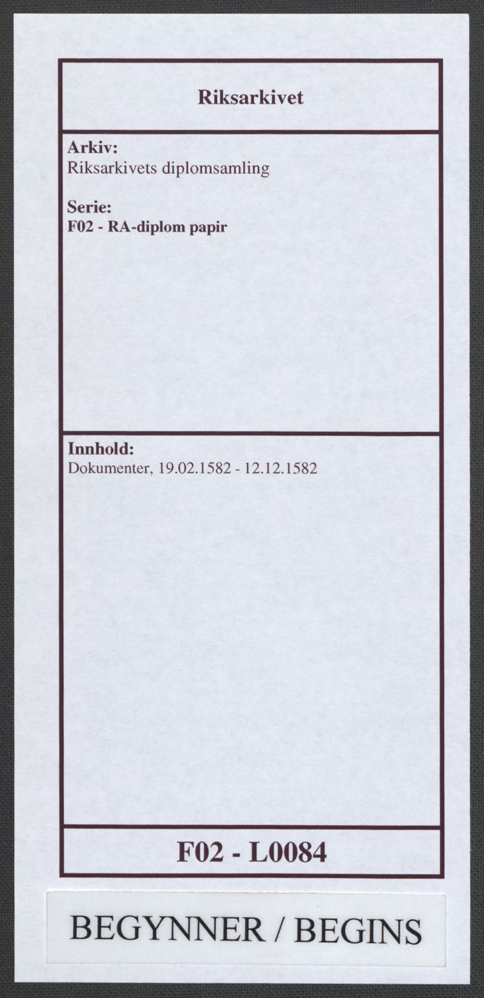 Riksarkivets diplomsamling, RA/EA-5965/F02/L0084: Dokumenter, 1582, s. 1