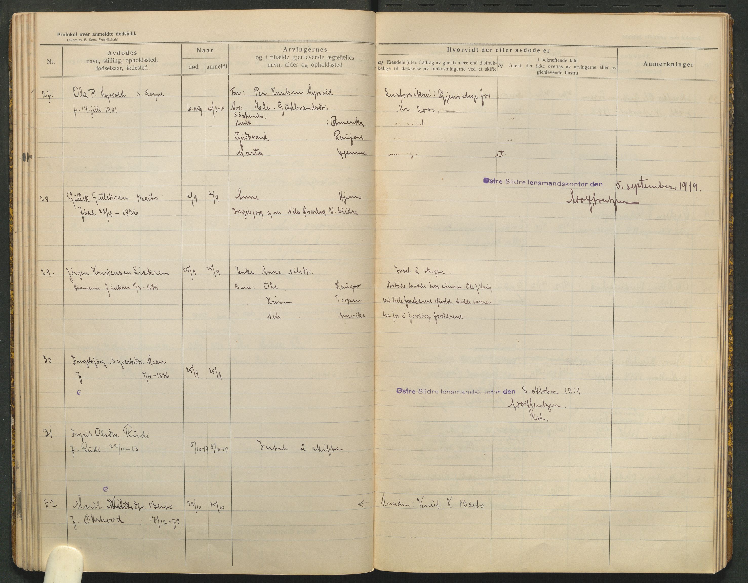 Øystre Slidre lensmannskontor, AV/SAH-LOØ-018/H/Ha/Haa/L0001/0002: Dødsfallsprotokoller / Dødsfallsprotokoll, 1911-1919