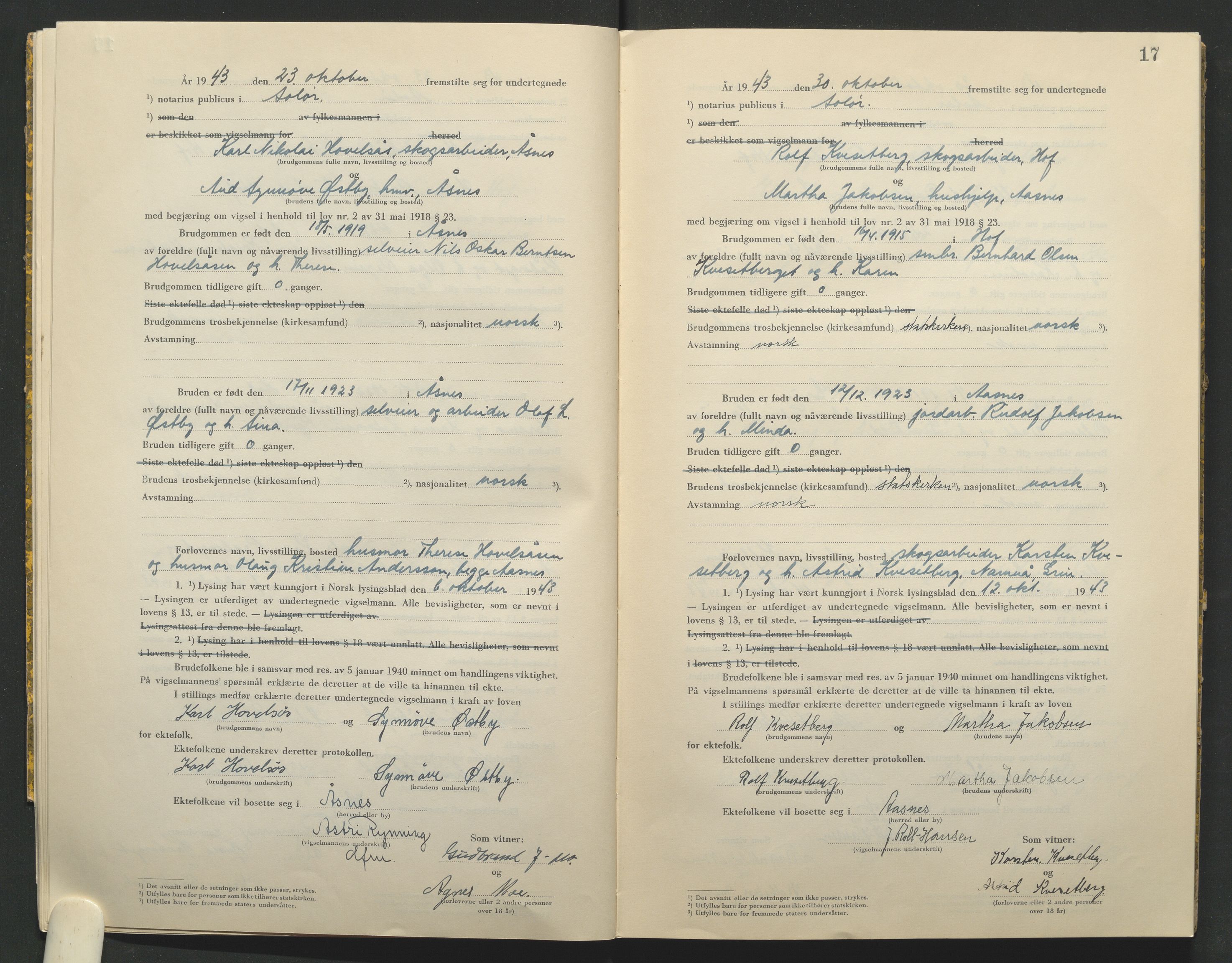 Solør tingrett, AV/SAH-TING-008/L/Lb/L0002: Vigselprotokoll, 1943-1944, s. 17