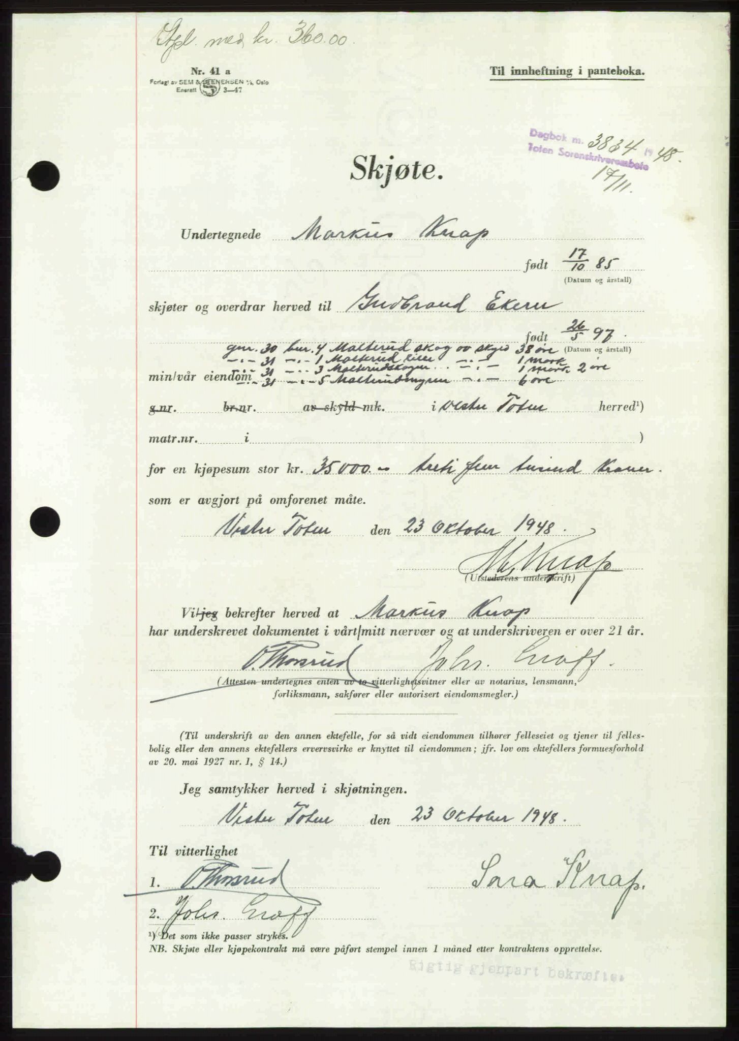 Toten tingrett, AV/SAH-TING-006/H/Hb/Hbc/L0021: Pantebok nr. Hbc-21, 1948-1949, Dagboknr: 3834/1948