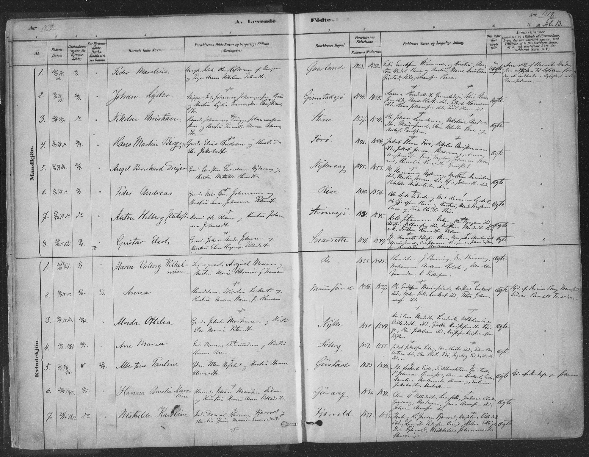 Ministerialprotokoller, klokkerbøker og fødselsregistre - Nordland, AV/SAT-A-1459/891/L1302: Ministerialbok nr. 891A07, 1878-1895, s. 13
