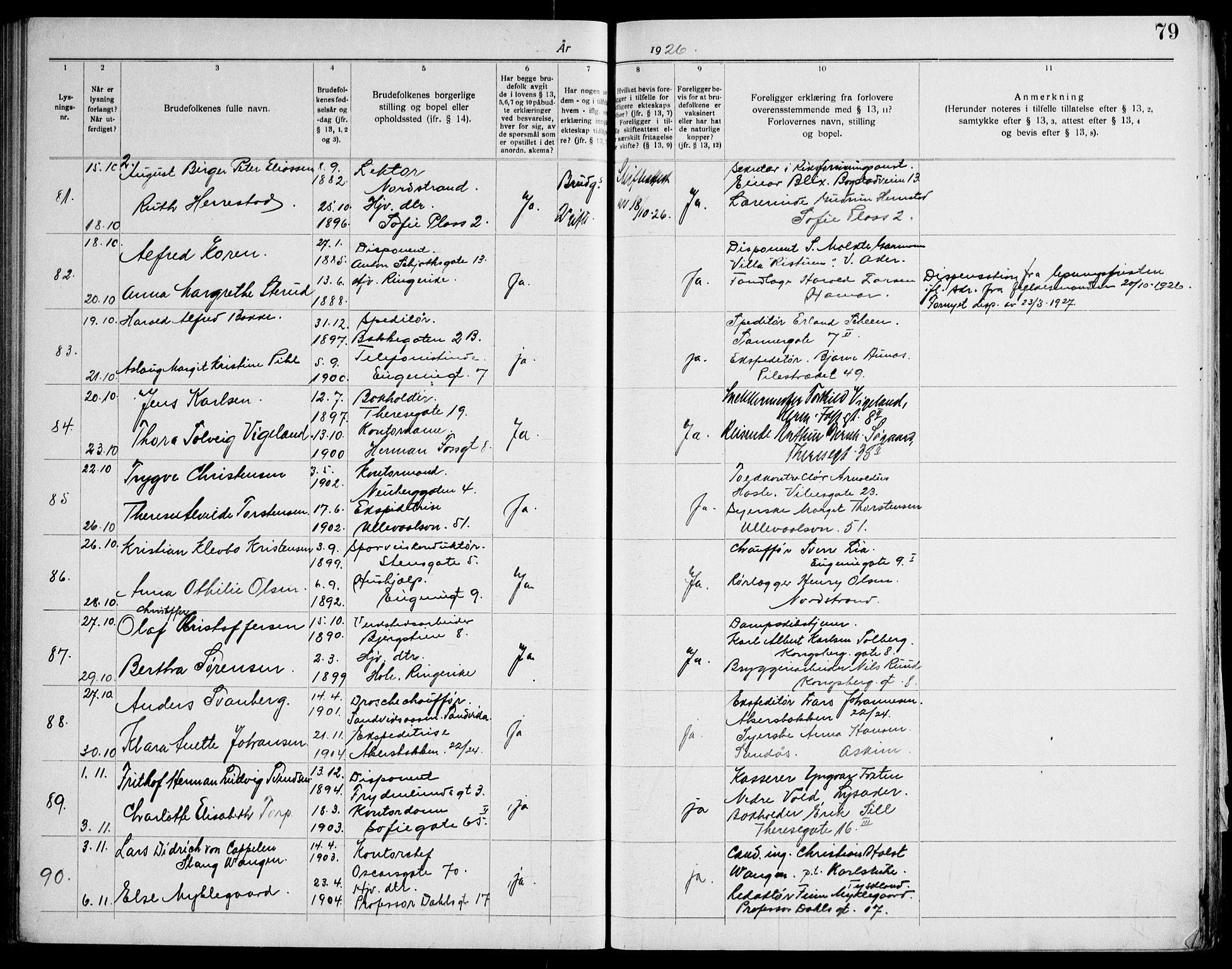 Gamle Aker prestekontor Kirkebøker, AV/SAO-A-10617a/H/L0006: Lysningsprotokoll nr. 6, 1920-1928, s. 79