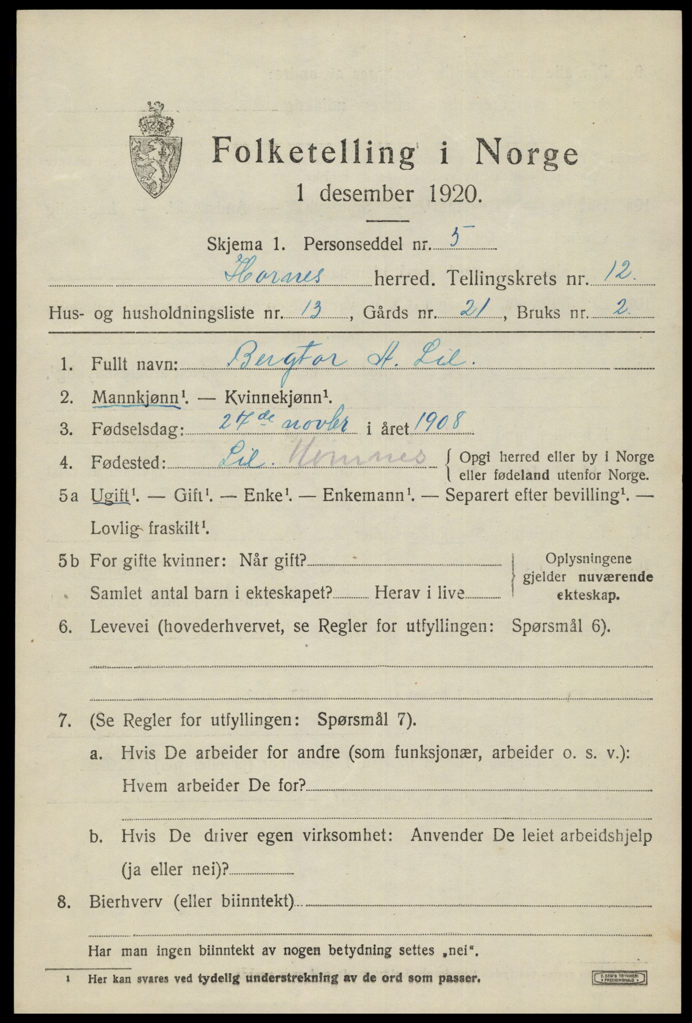 SAK, Folketelling 1920 for 0936 Hornnes herred, 1920, s. 3035