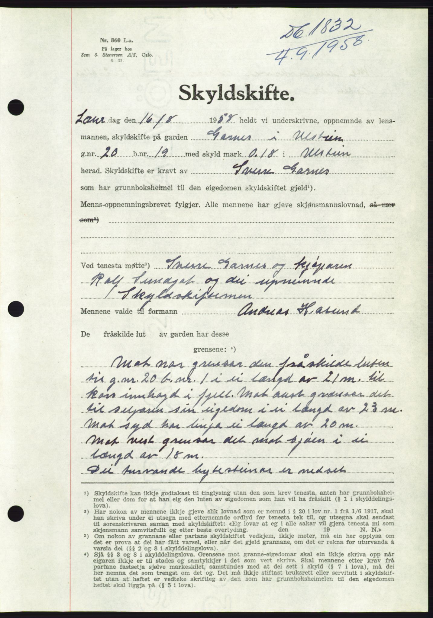 Søre Sunnmøre sorenskriveri, AV/SAT-A-4122/1/2/2C/L0110: Pantebok nr. 36A, 1958-1958, Dagboknr: 1832/1958