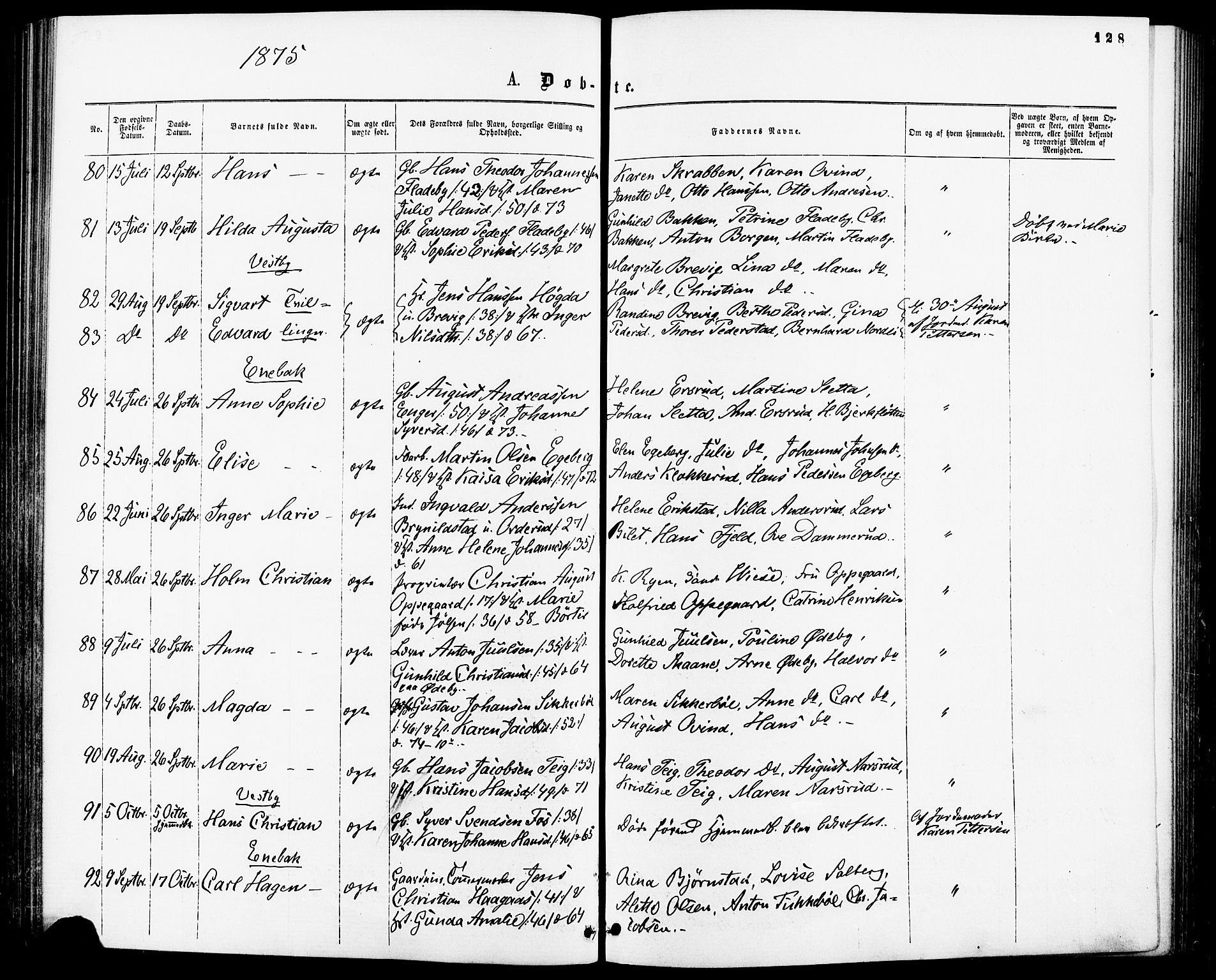 Enebakk prestekontor Kirkebøker, SAO/A-10171c/F/Fa/L0011: Ministerialbok nr. I 11, 1862-1882, s. 128