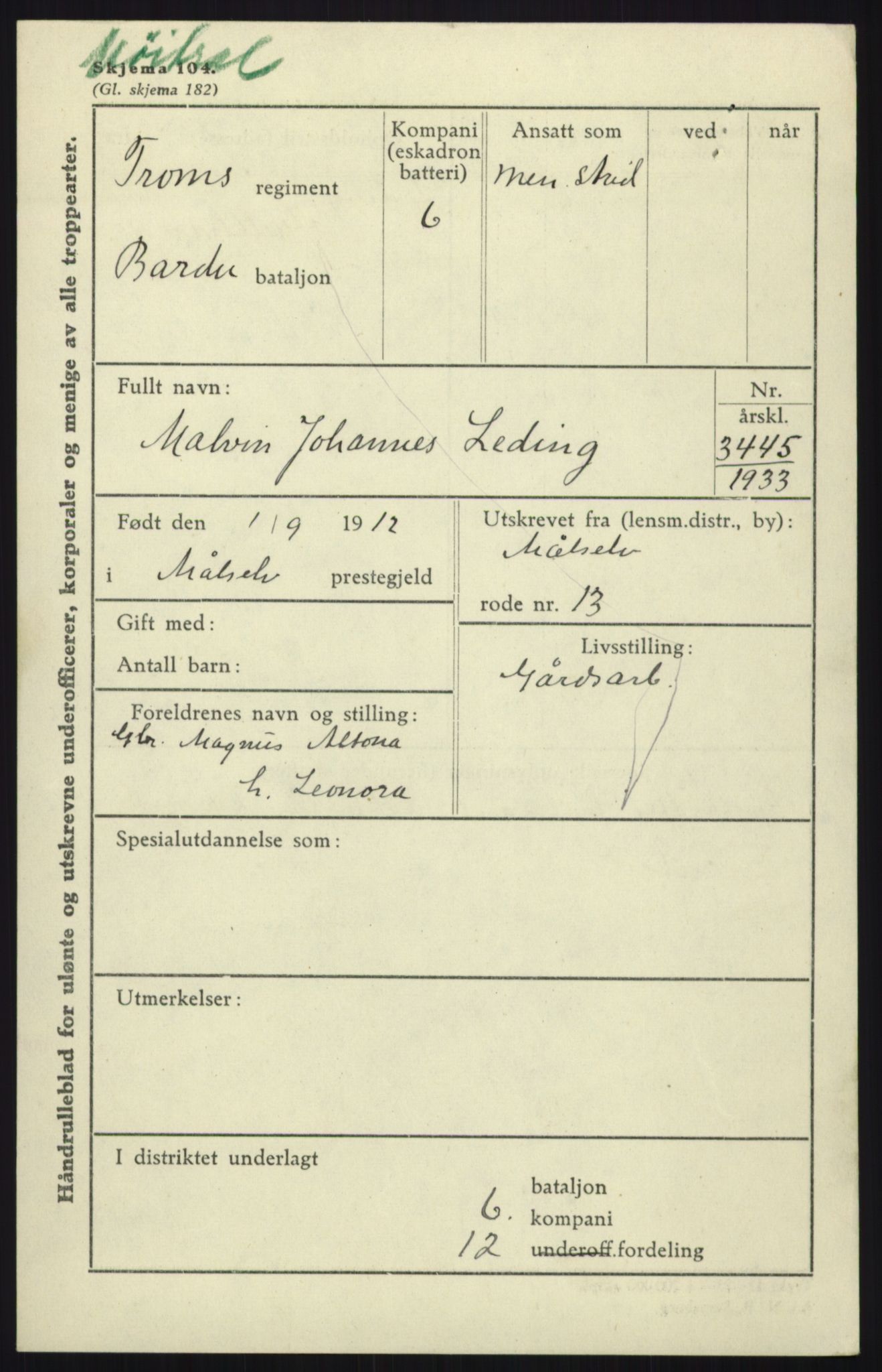 Forsvaret, Troms infanteriregiment nr. 16, AV/RA-RAFA-3146/P/Pa/L0017: Rulleblad for regimentets menige mannskaper, årsklasse 1933, 1933, s. 761