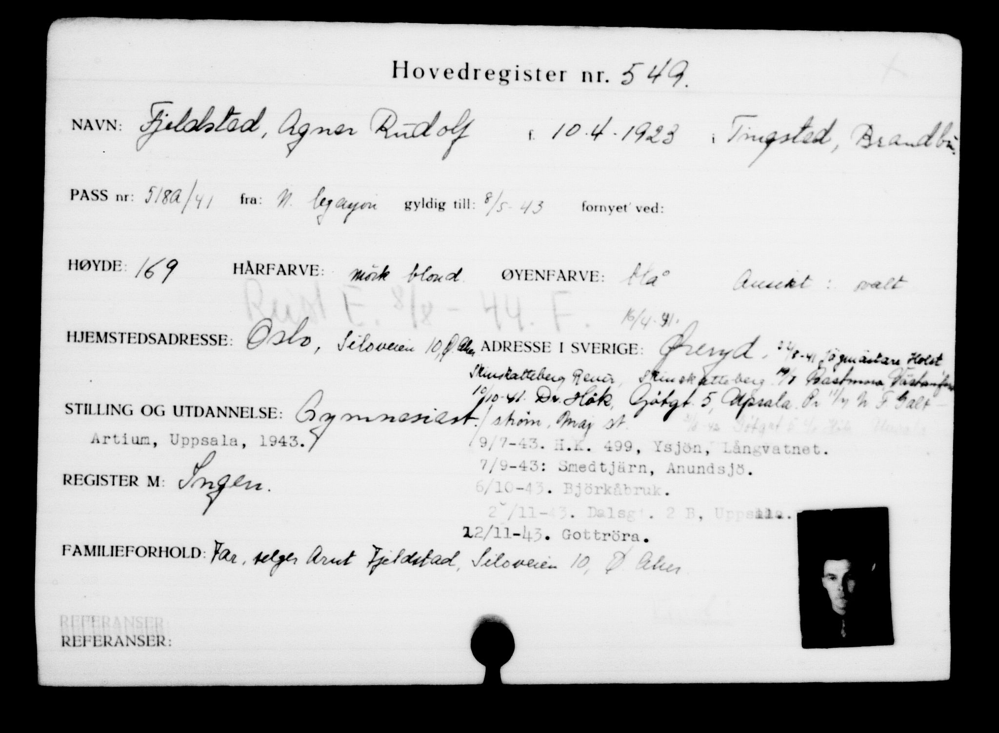 Utenriksstasjonene, Legasjonen i Stockholm, Flyktningkontoret, AV/RA-S-6753/V/Va/L0001: Kjesäterkartoteket, flyktninger med registreringsnr. 1-1000, 1940-1945, s. 855