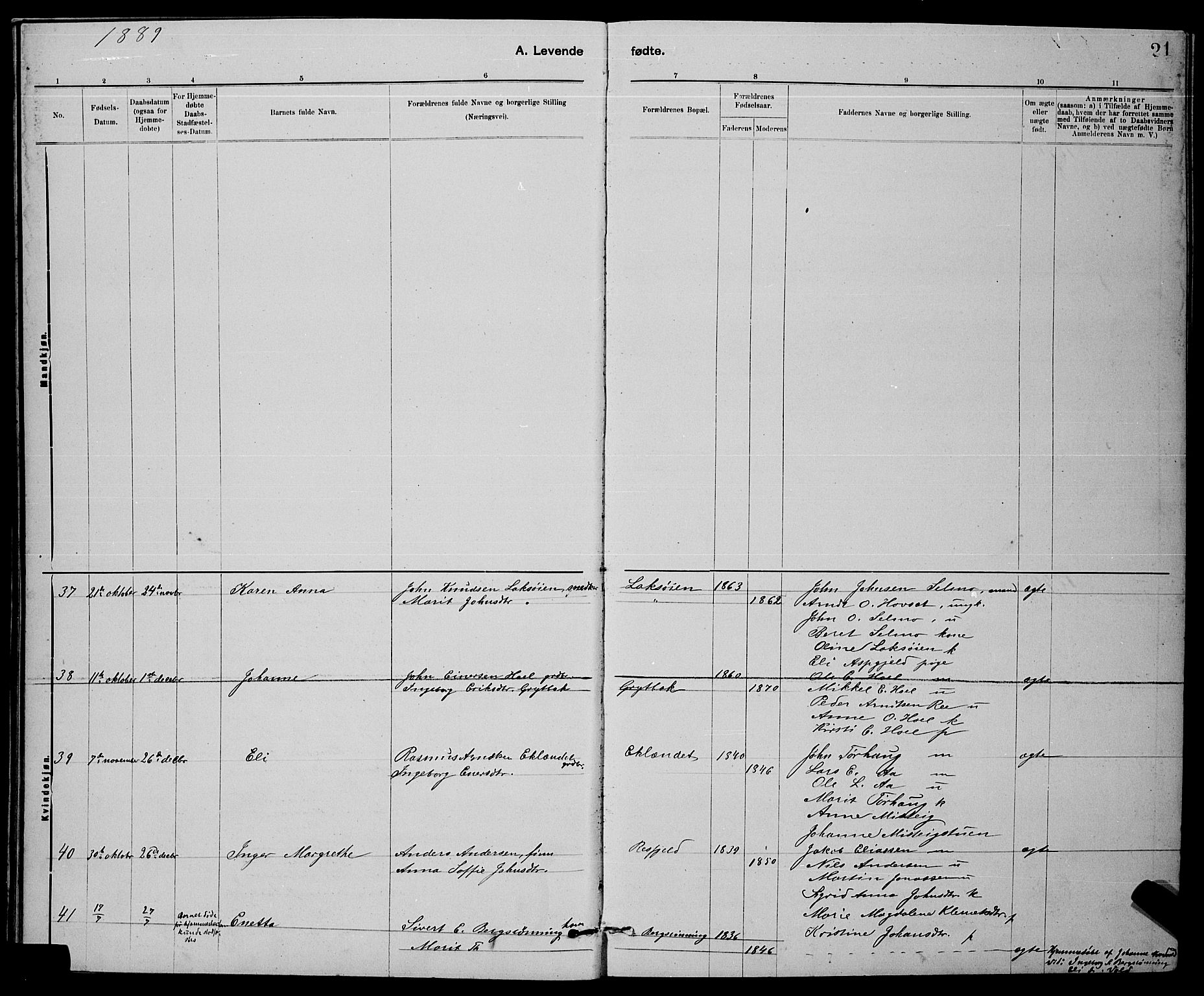 Ministerialprotokoller, klokkerbøker og fødselsregistre - Sør-Trøndelag, SAT/A-1456/672/L0863: Klokkerbok nr. 672C02, 1888-1901, s. 21