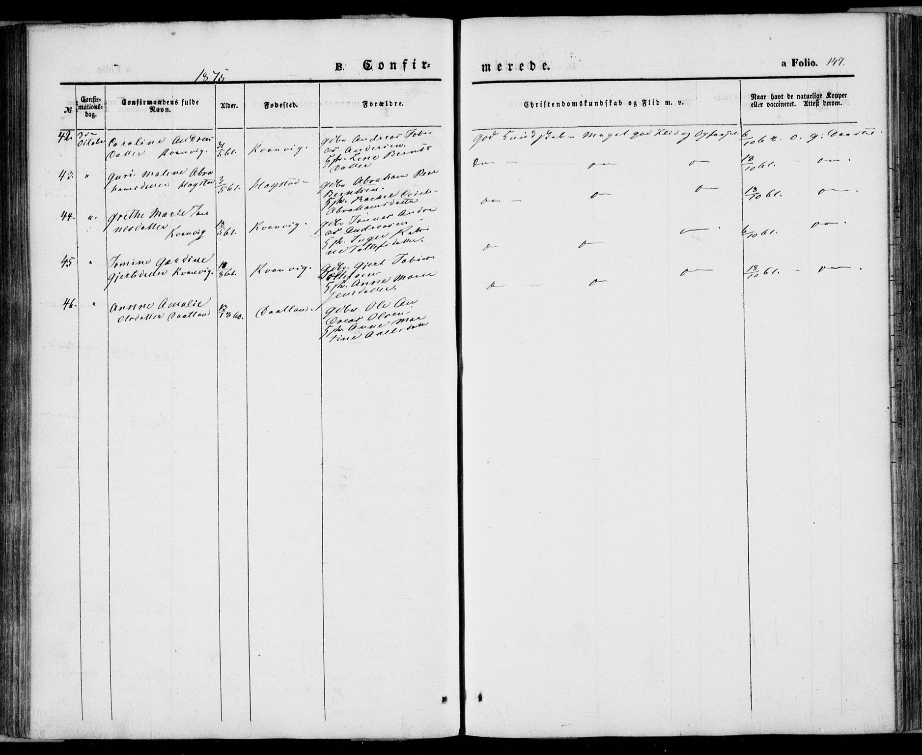 Flekkefjord sokneprestkontor, AV/SAK-1111-0012/F/Fa/Fab/L0004: Ministerialbok nr. A 4, 1850-1875, s. 147