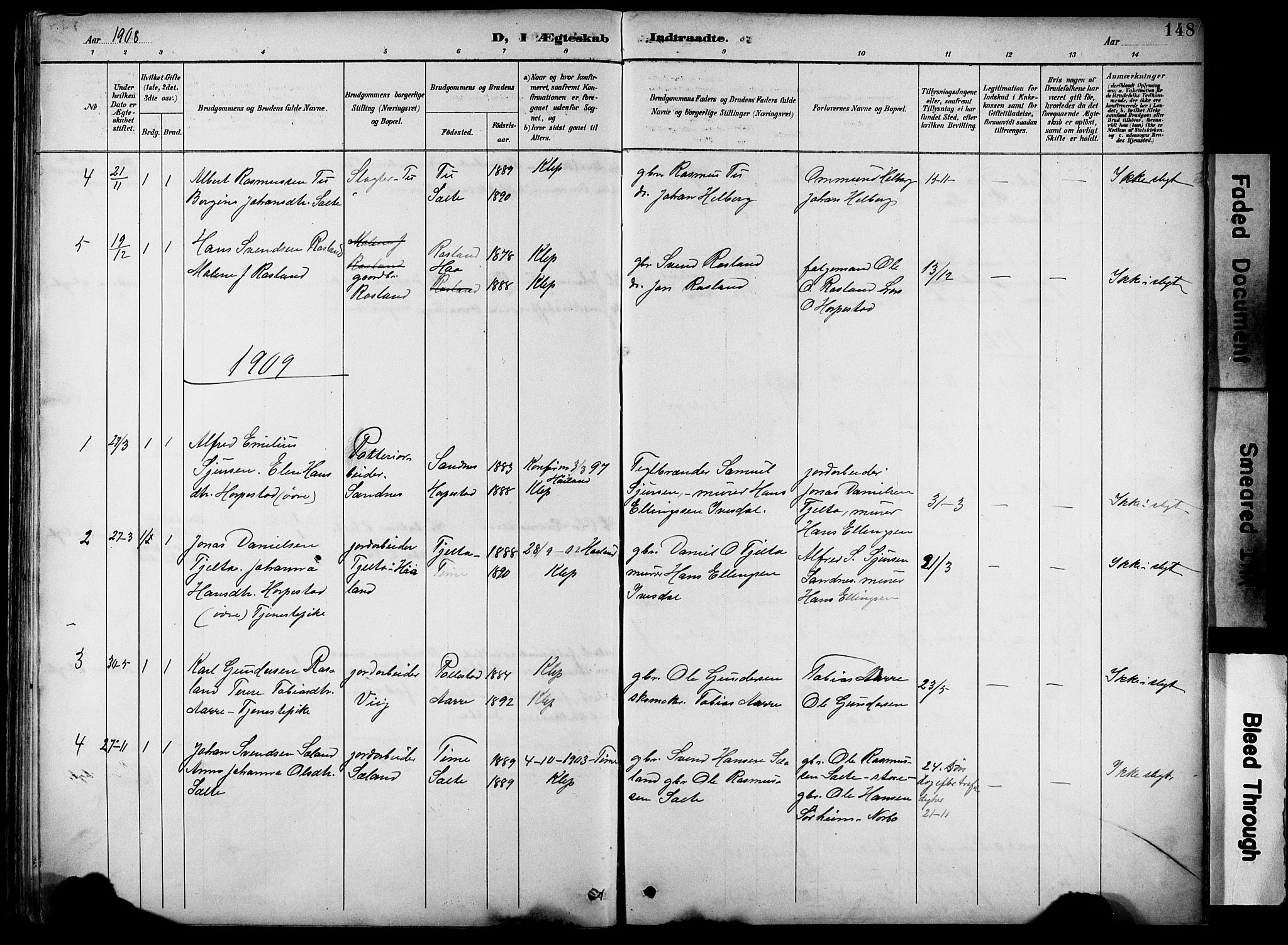Klepp sokneprestkontor, AV/SAST-A-101803/001/3/30BB/L0005: Klokkerbok nr. B 5, 1889-1918, s. 148