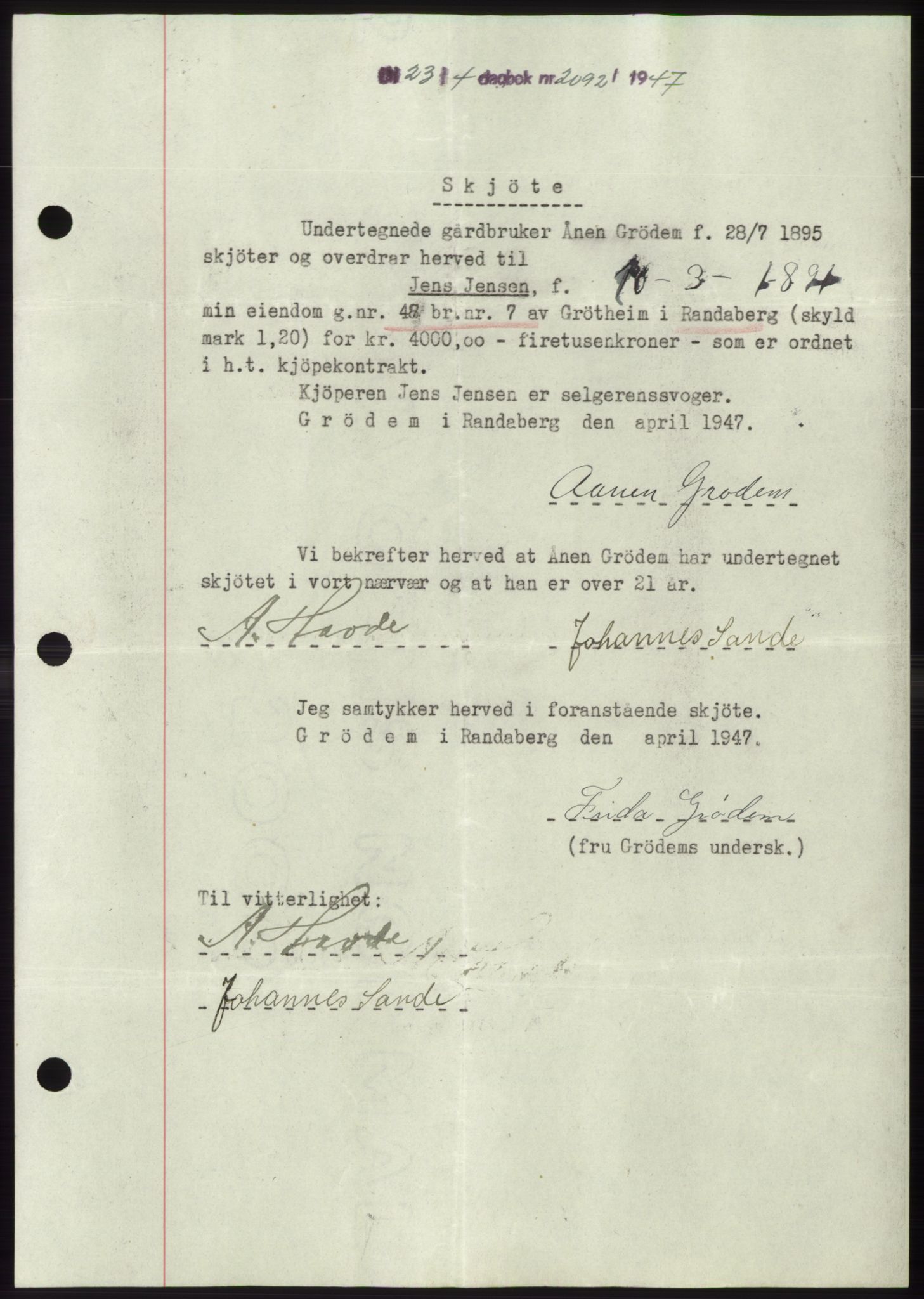 Jæren sorenskriveri, SAST/A-100310/03/G/Gba/L0094: Pantebok, 1947-1947, Dagboknr: 2092/1947