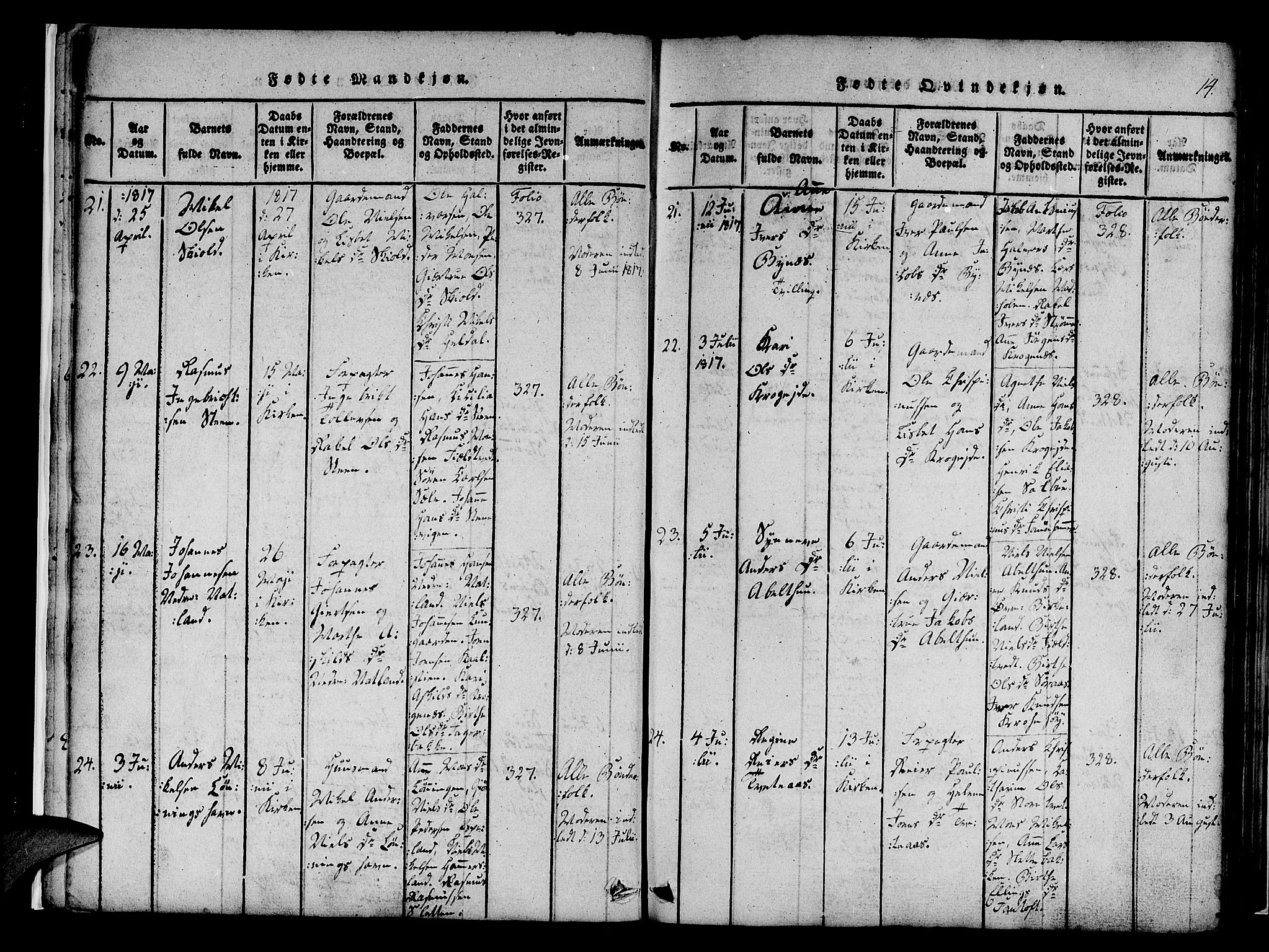 Fana Sokneprestembete, AV/SAB-A-75101/H/Haa/Haaa/L0007: Ministerialbok nr. A 7, 1816-1828, s. 14