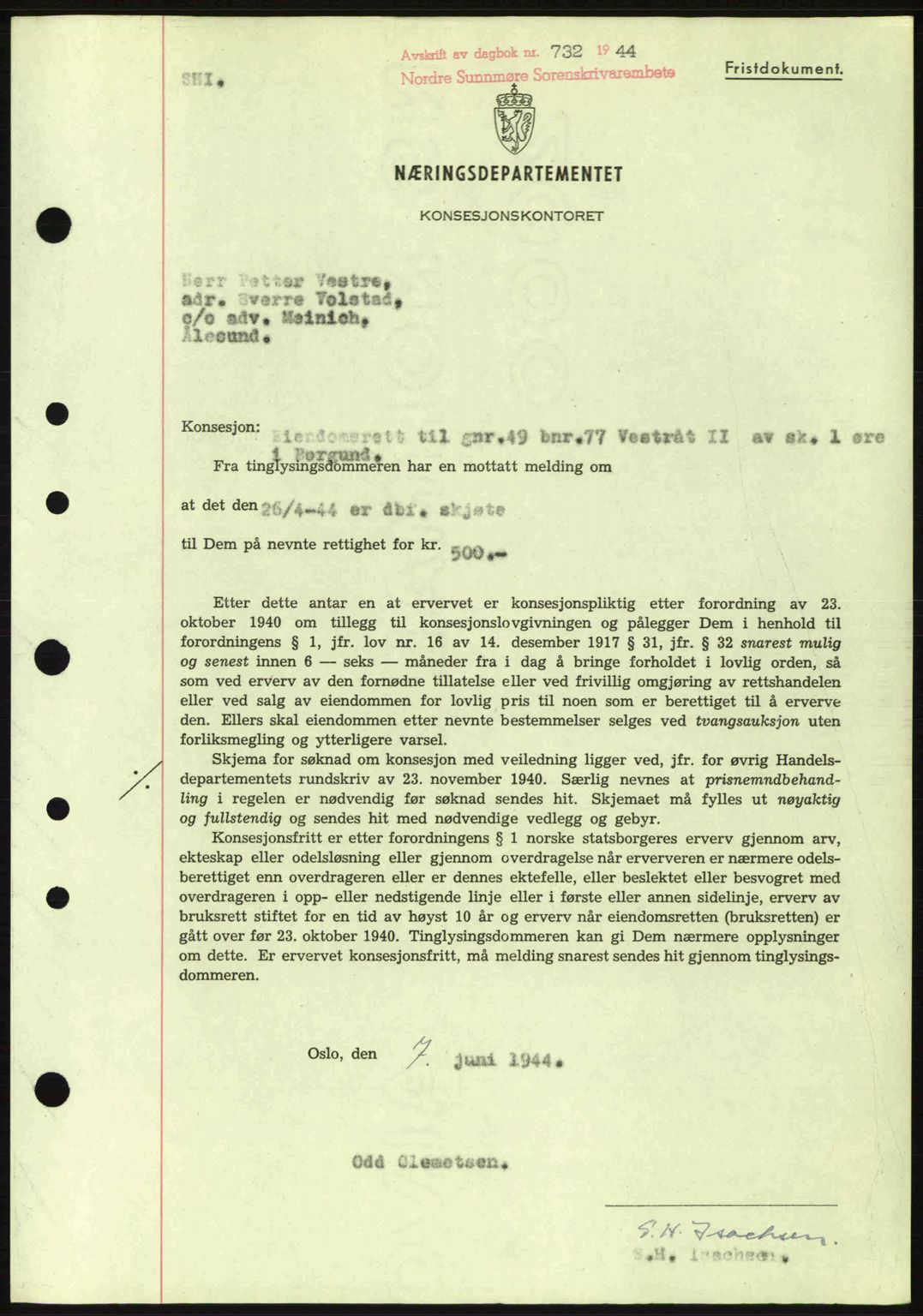 Nordre Sunnmøre sorenskriveri, AV/SAT-A-0006/1/2/2C/2Ca: Pantebok nr. B6-14 a, 1942-1945, Dagboknr: 732/1944