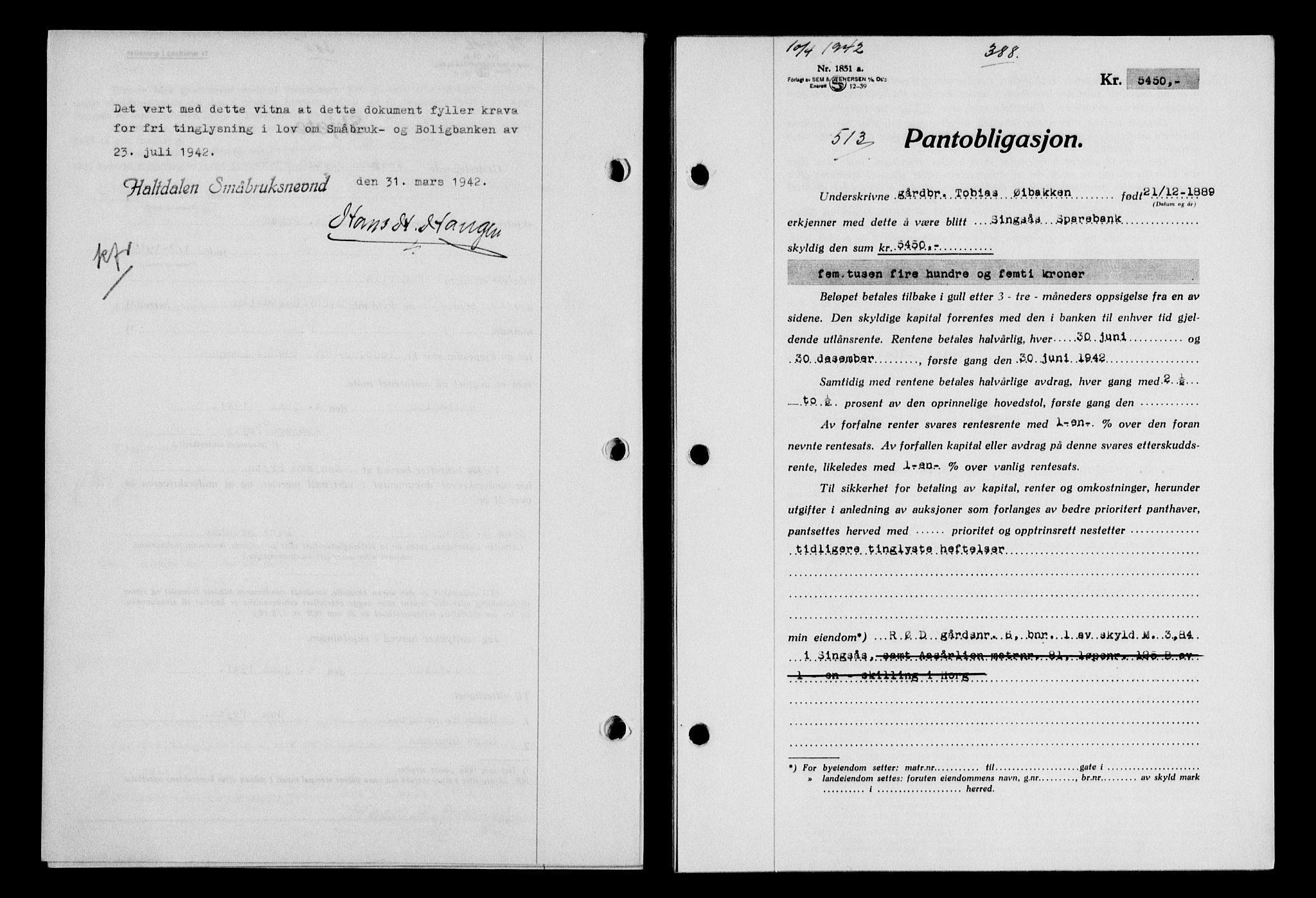 Gauldal sorenskriveri, SAT/A-0014/1/2/2C/L0054: Pantebok nr. 59, 1941-1942, Dagboknr: 513/1942