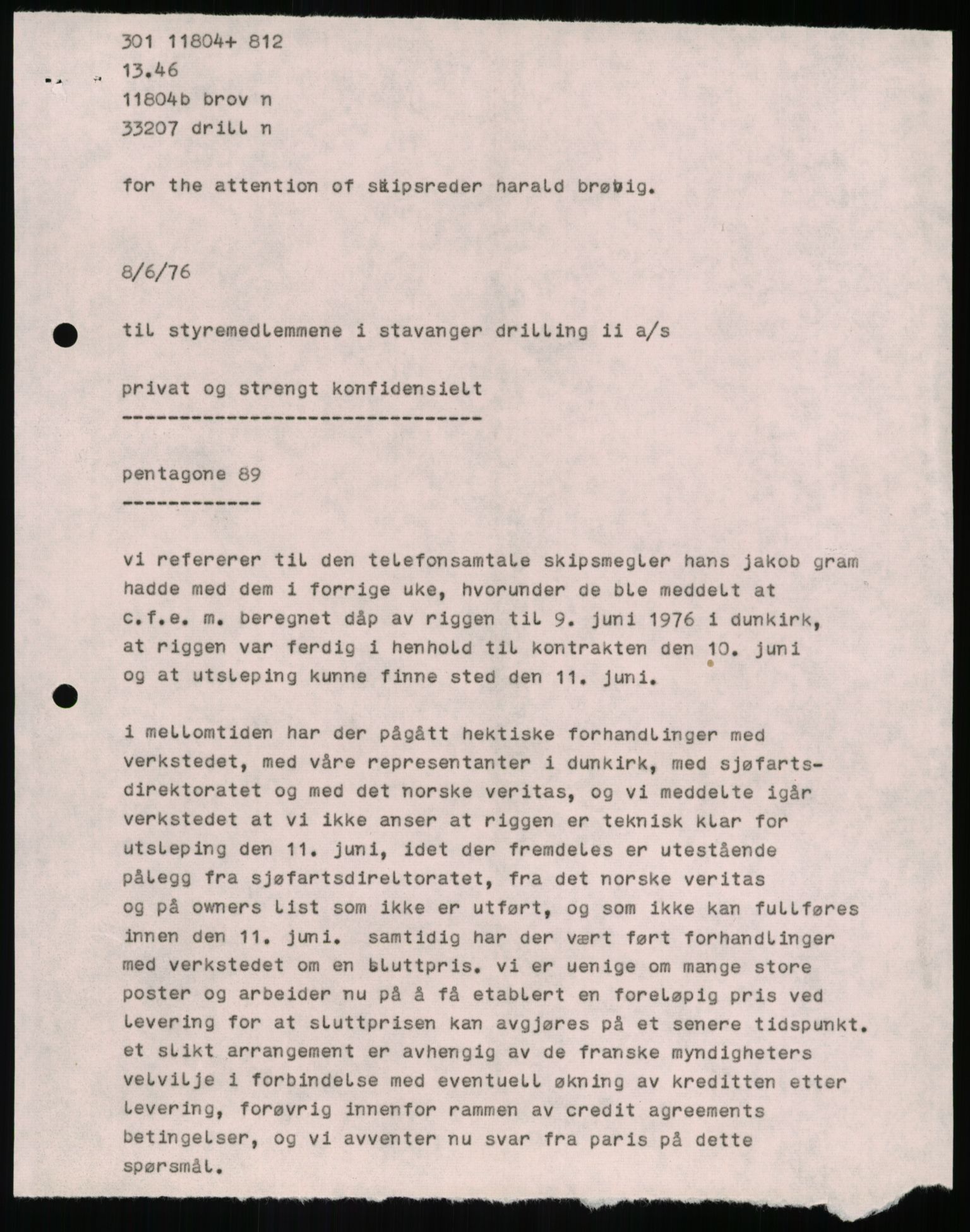 Pa 1503 - Stavanger Drilling AS, SAST/A-101906/A/Ab/Abc/L0006: Styrekorrespondanse Stavanger Drilling II A/S, 1974-1977, s. 136