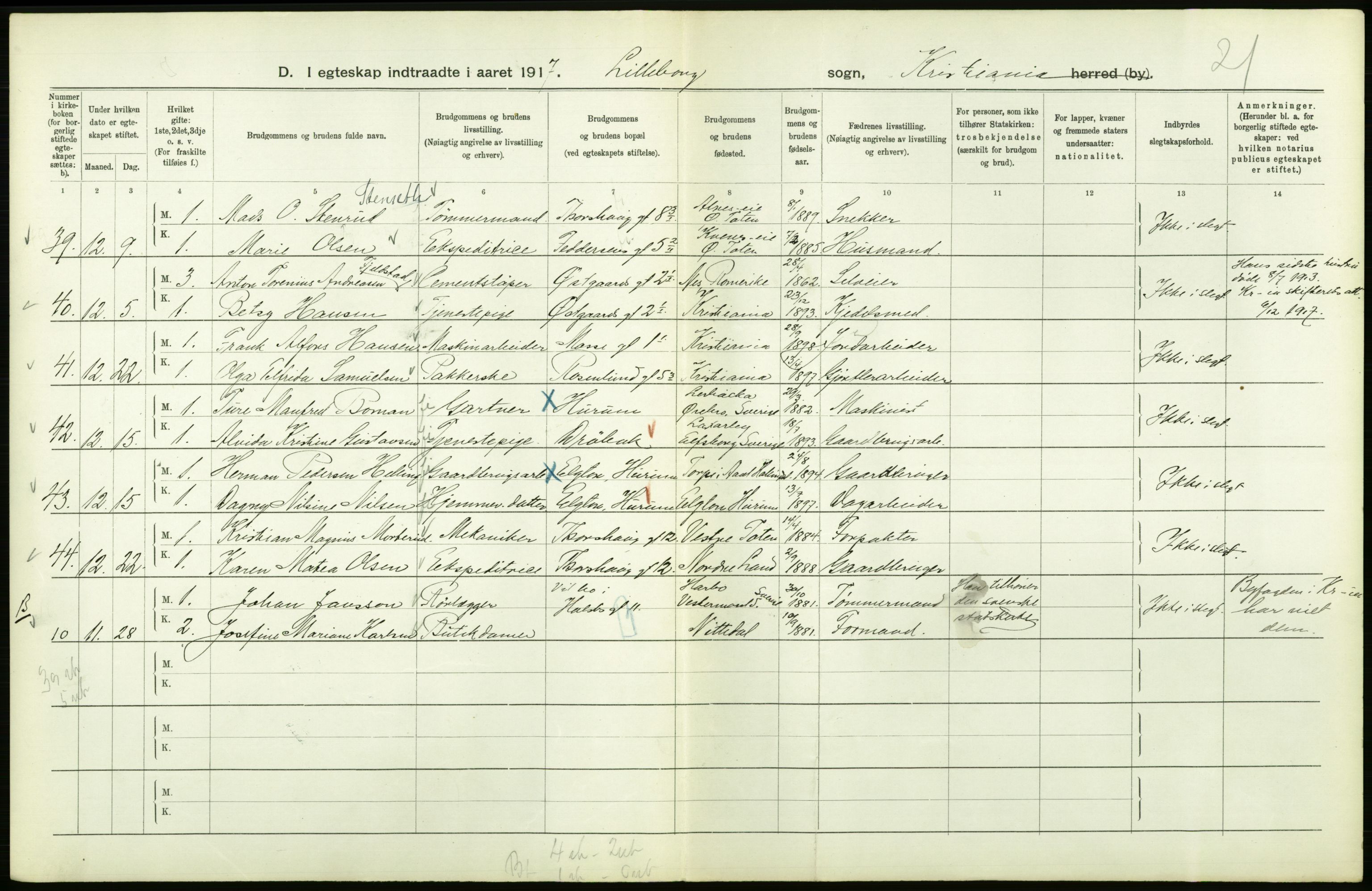 Statistisk sentralbyrå, Sosiodemografiske emner, Befolkning, AV/RA-S-2228/D/Df/Dfb/Dfbg/L0008: Kristiania: Gifte, 1917, s. 138