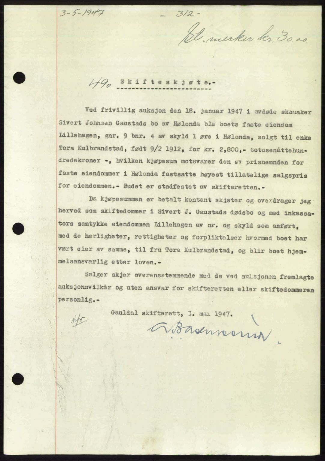 Gauldal sorenskriveri, SAT/A-0014/1/2/2C: Pantebok nr. A3, 1947-1947, Dagboknr: 490/1947