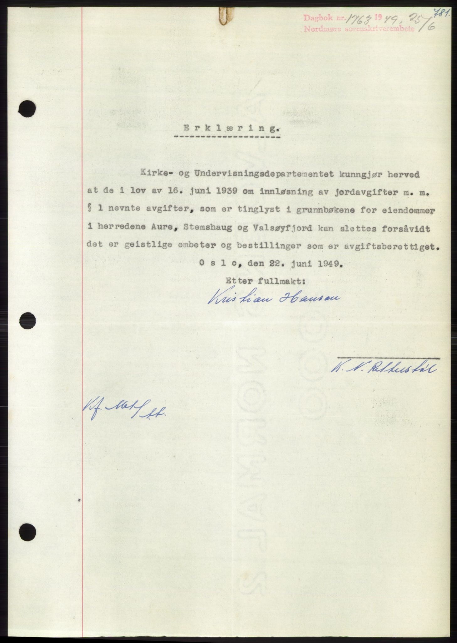 Nordmøre sorenskriveri, SAT/A-4132/1/2/2Ca: Pantebok nr. B101, 1949-1949, Dagboknr: 1763/1949