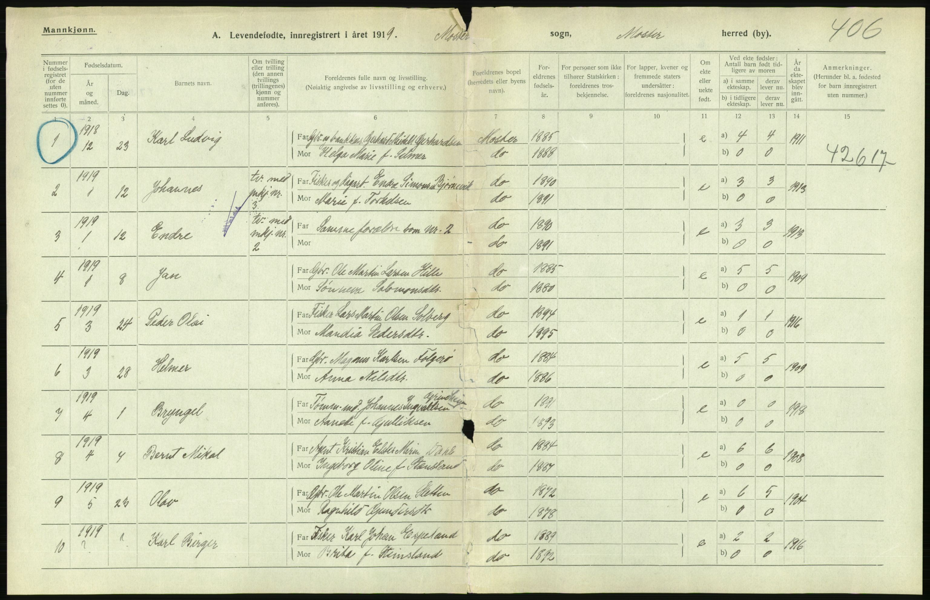 Statistisk sentralbyrå, Sosiodemografiske emner, Befolkning, RA/S-2228/D/Df/Dfb/Dfbi/L0031: Hordaland fylke: Levendefødte menn og kvinner. Bygder., 1919, s. 620