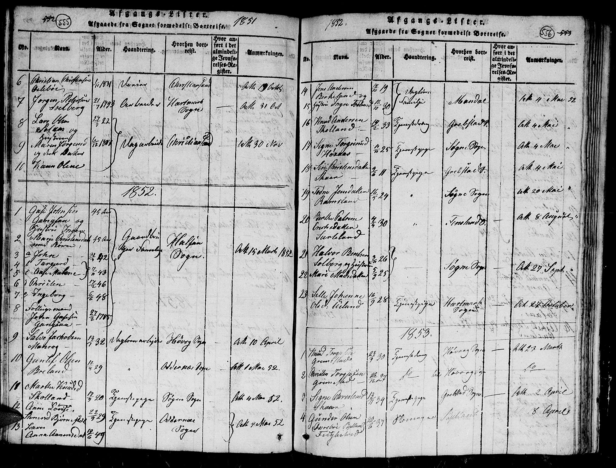 Holum sokneprestkontor, AV/SAK-1111-0022/F/Fb/Fbc/L0001: Klokkerbok nr. B 1, 1820-1859, s. 555-556