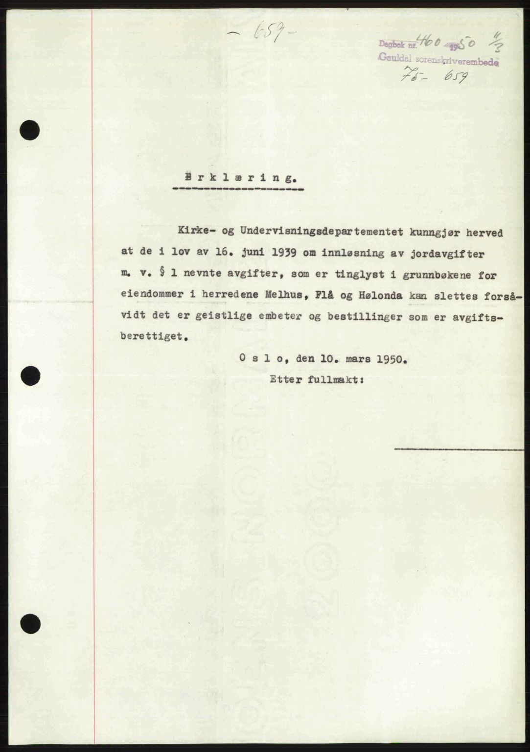 Gauldal sorenskriveri, SAT/A-0014/1/2/2C: Pantebok nr. A9, 1949-1950, Dagboknr: 460/1950