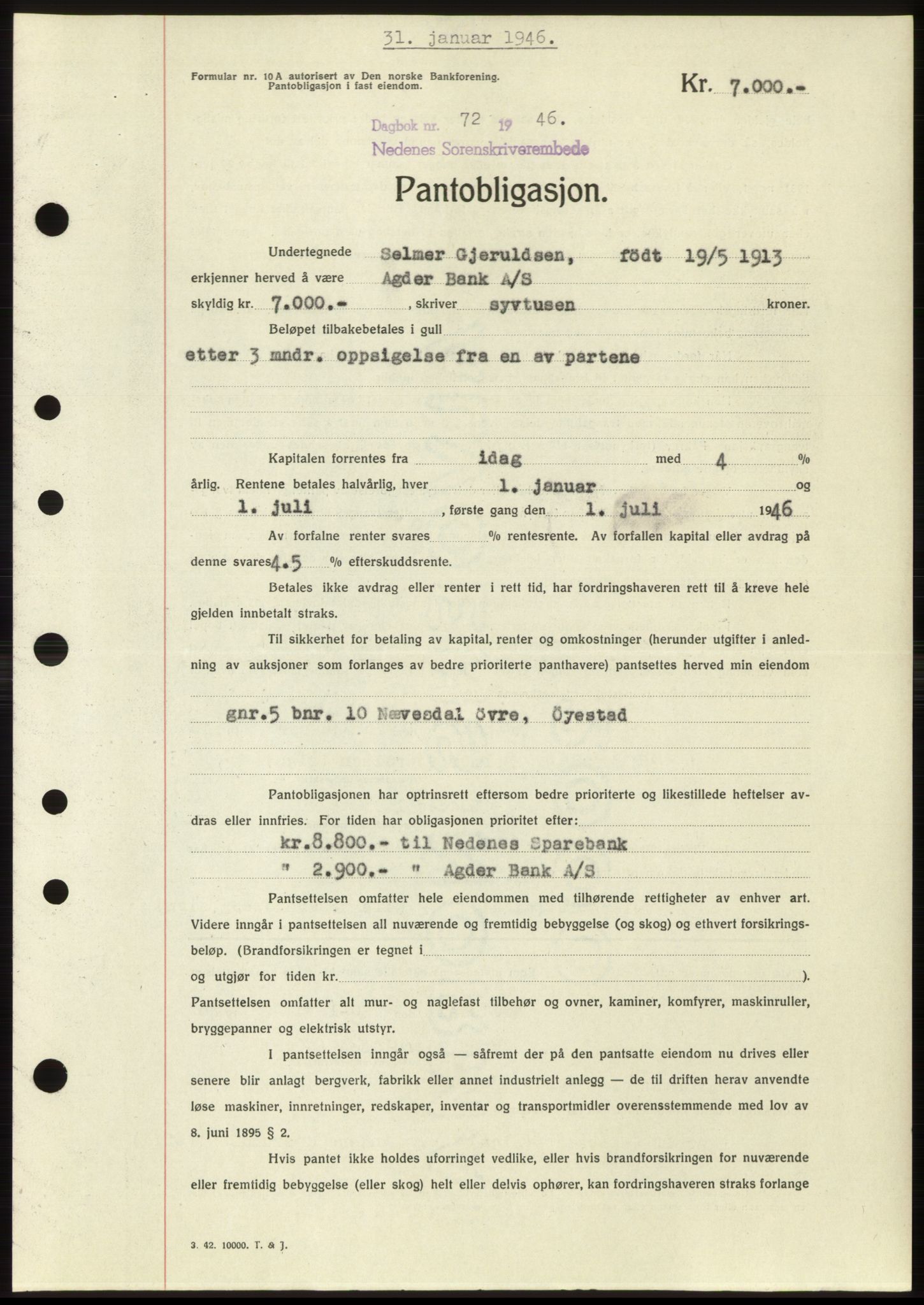 Nedenes sorenskriveri, SAK/1221-0006/G/Gb/Gbb/L0003: Pantebok nr. B3b, 1946-1946, Dagboknr: 72/1946