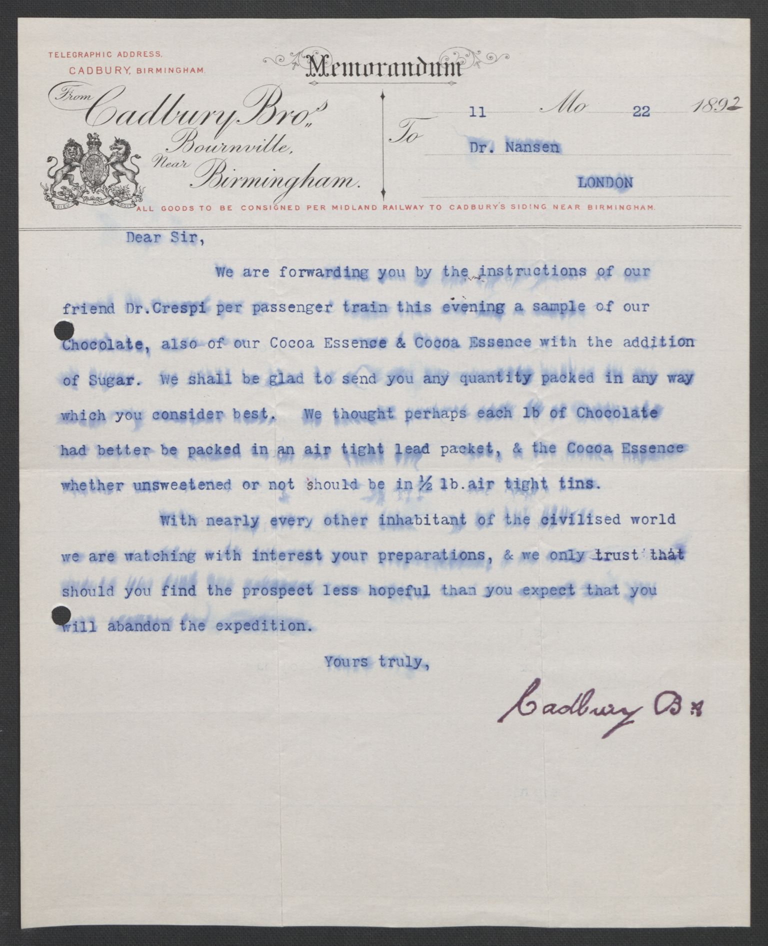 Arbeidskomitéen for Fridtjof Nansens polarekspedisjon, AV/RA-PA-0061/D/L0004: Innk. brev og telegrammer vedr. proviant og utrustning, 1892-1893, s. 130
