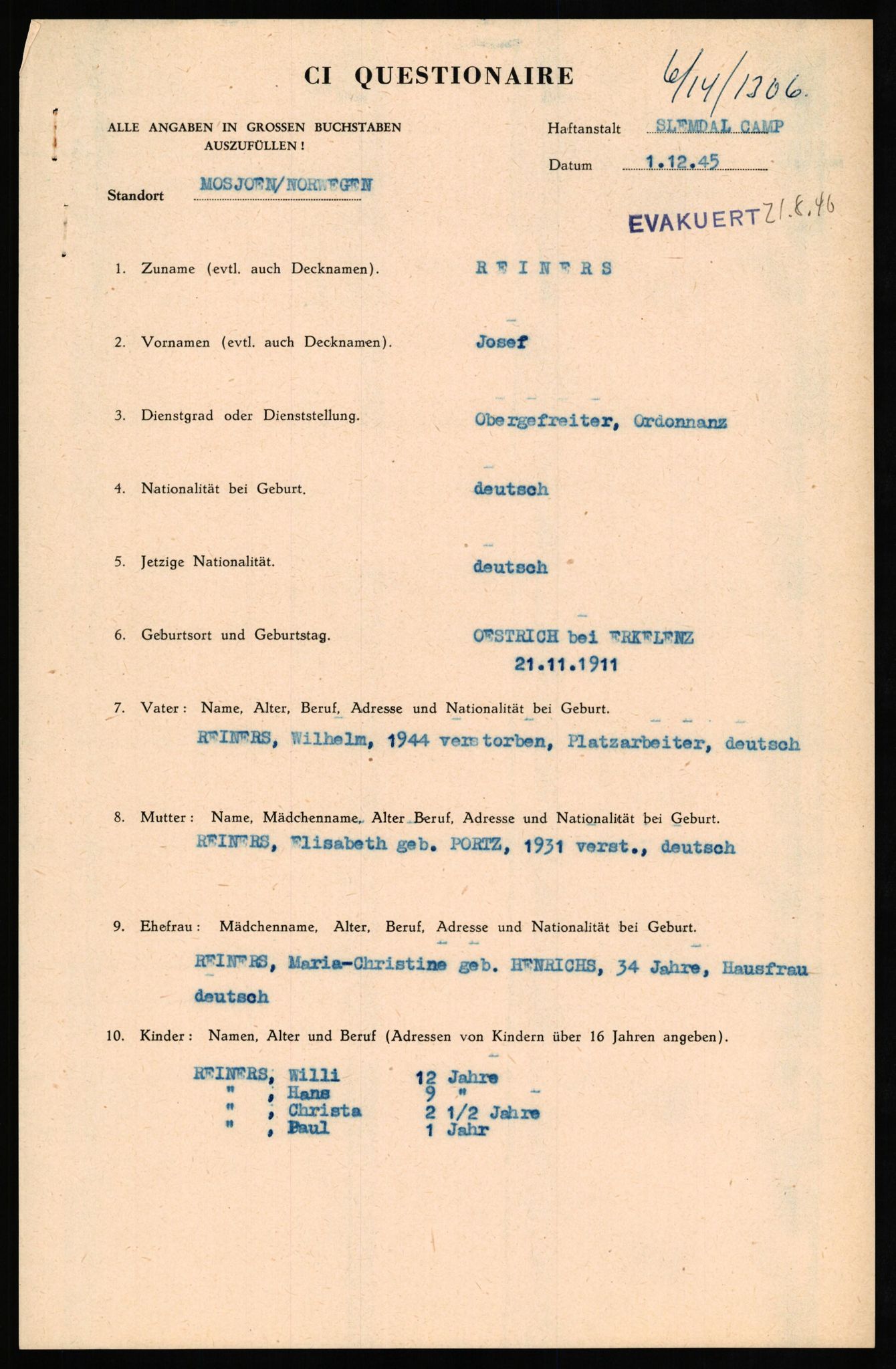 Forsvaret, Forsvarets overkommando II, AV/RA-RAFA-3915/D/Db/L0027: CI Questionaires. Tyske okkupasjonsstyrker i Norge. Tyskere., 1945-1946, s. 150