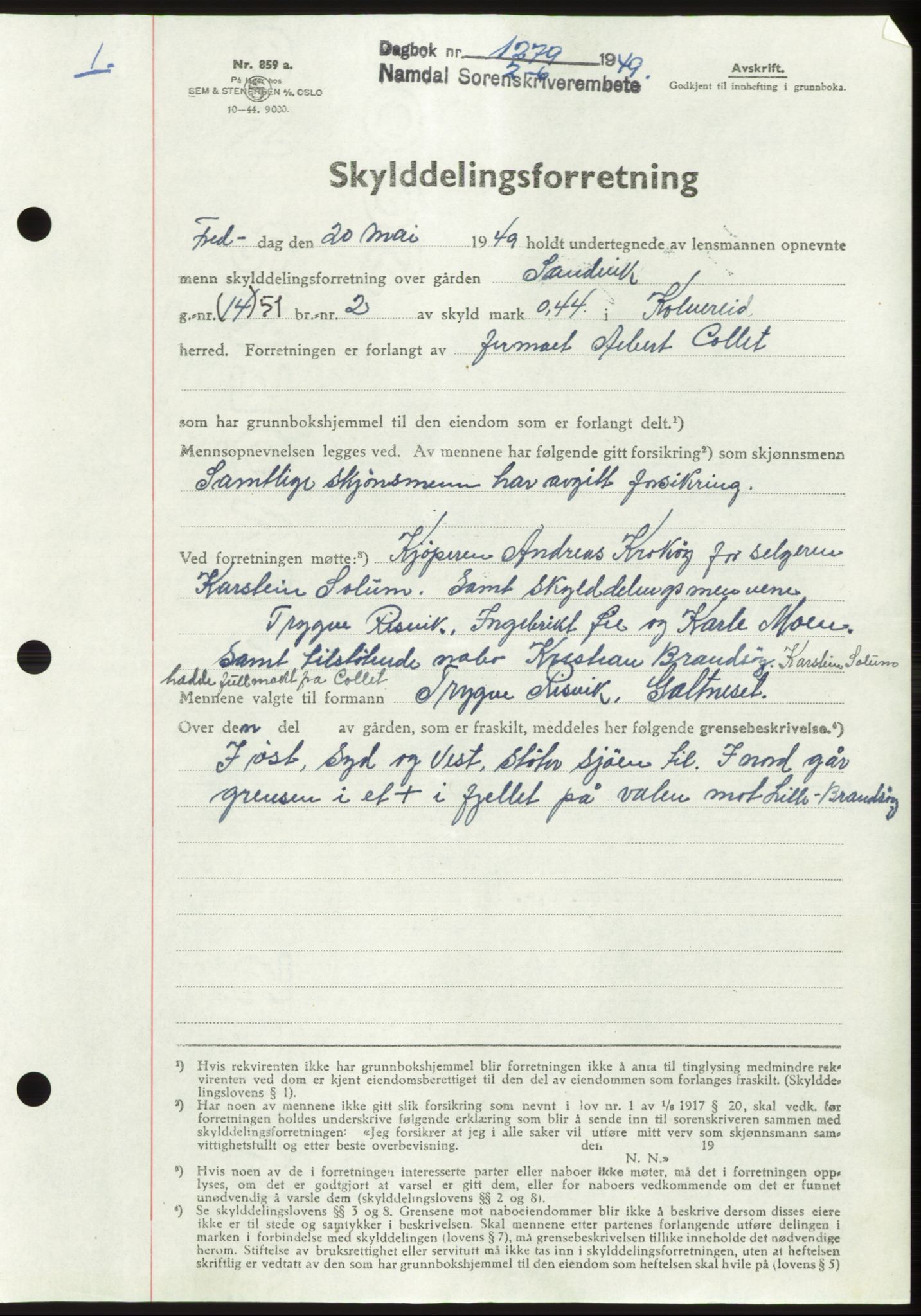 Namdal sorenskriveri, SAT/A-4133/1/2/2C: Pantebok nr. -, 1949-1949, Dagboknr: 1279/1949