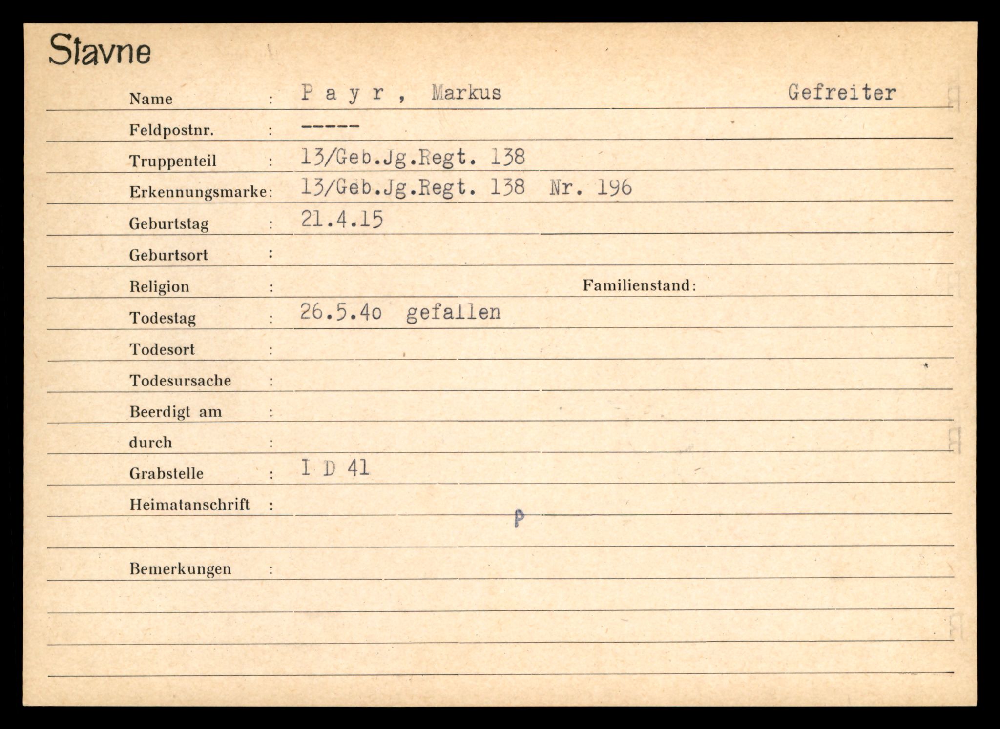 Distriktskontoret for krigsgraver, AV/SAT-A-5030/E/L0003: Kasett/kartotek over tysk Krigskirkegård Stavne, 1945, s. 1033