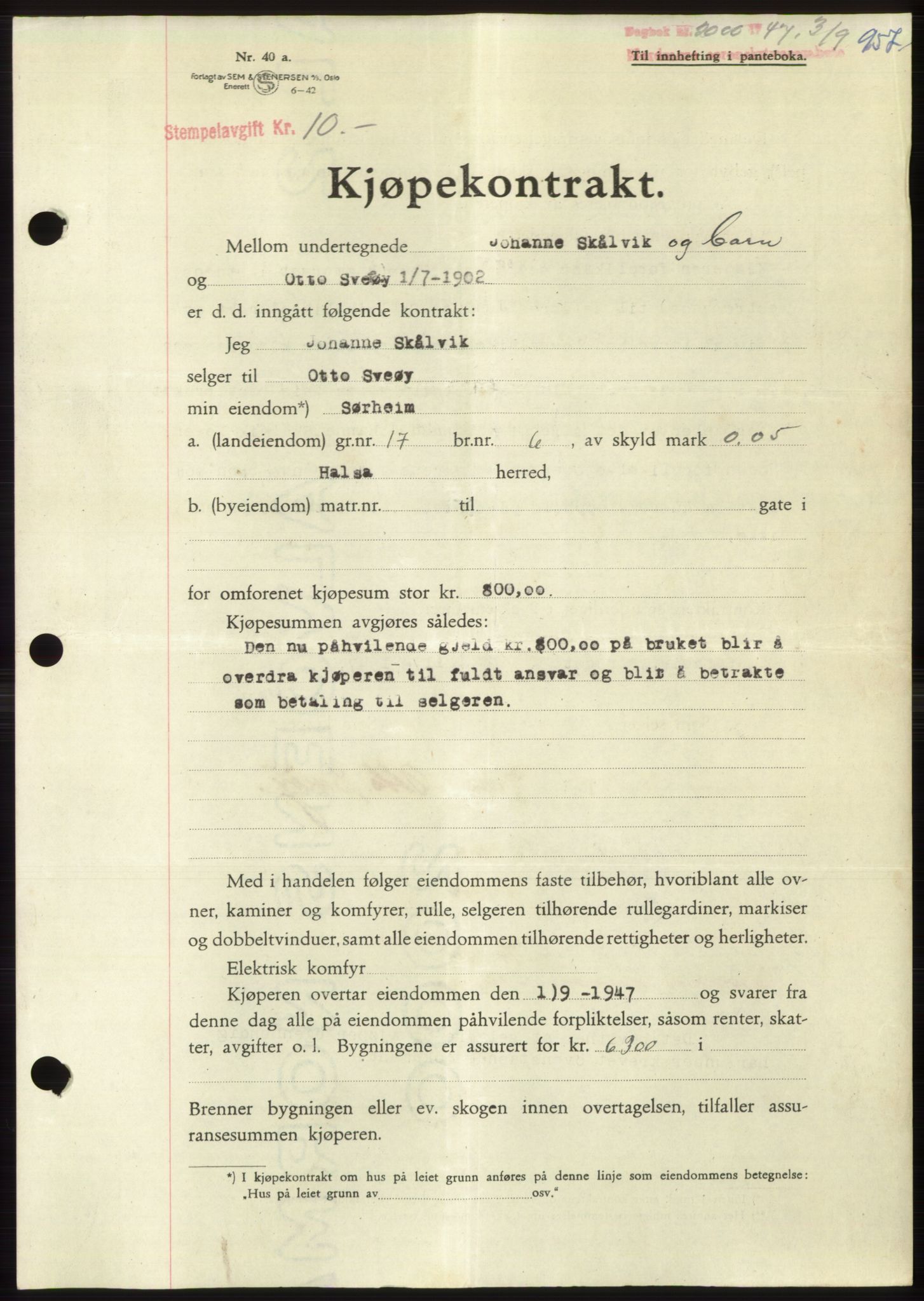 Nordmøre sorenskriveri, SAT/A-4132/1/2/2Ca: Pantebok nr. B96, 1947-1947, Dagboknr: 2000/1947