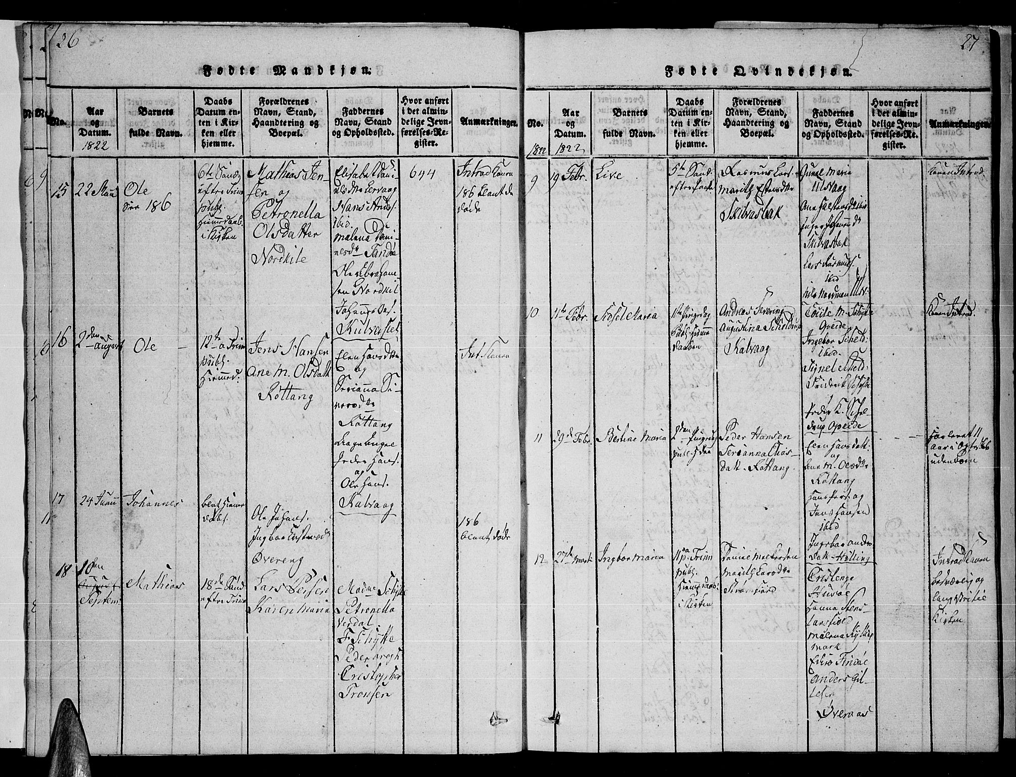 Ministerialprotokoller, klokkerbøker og fødselsregistre - Nordland, AV/SAT-A-1459/859/L0855: Klokkerbok nr. 859C01, 1821-1839, s. 26-27