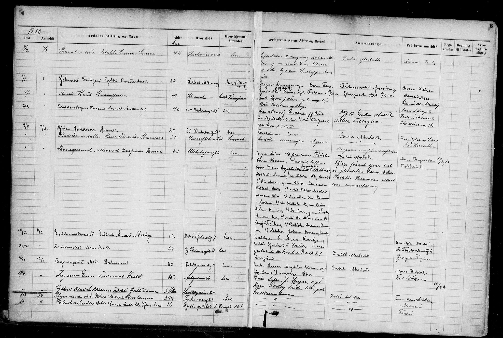 Byfogd og Byskriver i Bergen, AV/SAB-A-3401/06/06Na/L0009: Dødsfallsjournaler, 1910-1915, s. 6