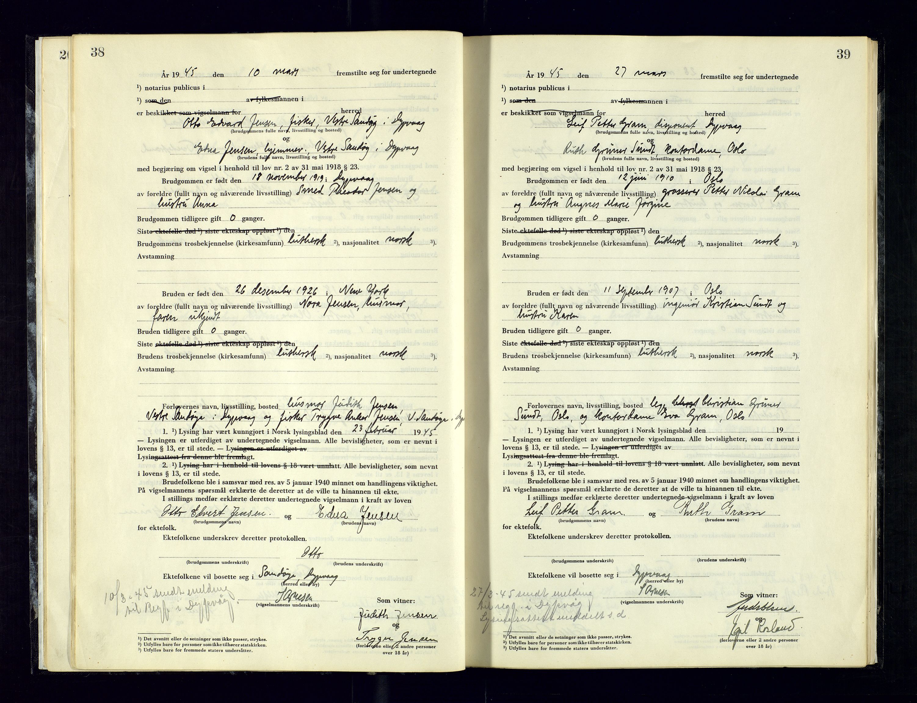 Holt sorenskriveri, AV/SAK-1221-0002/L/Ld/L0003: Vigselbok nr. 2, 1944-1964, s. 38-39