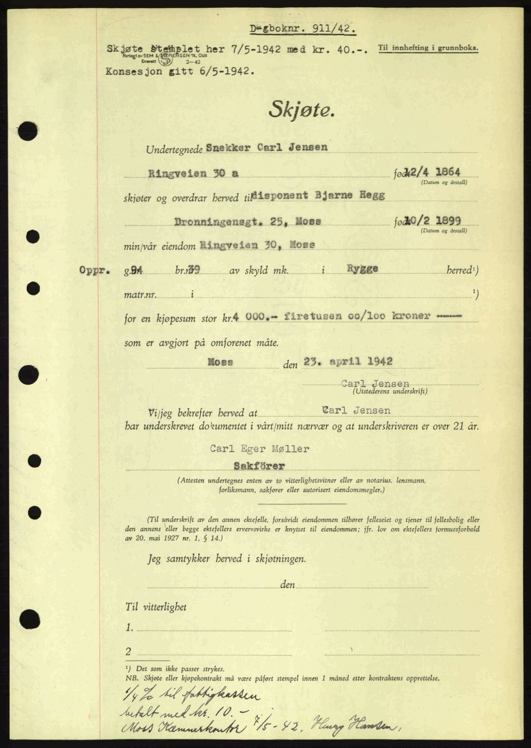 Moss sorenskriveri, SAO/A-10168: Pantebok nr. A9, 1941-1942, Dagboknr: 911/1942