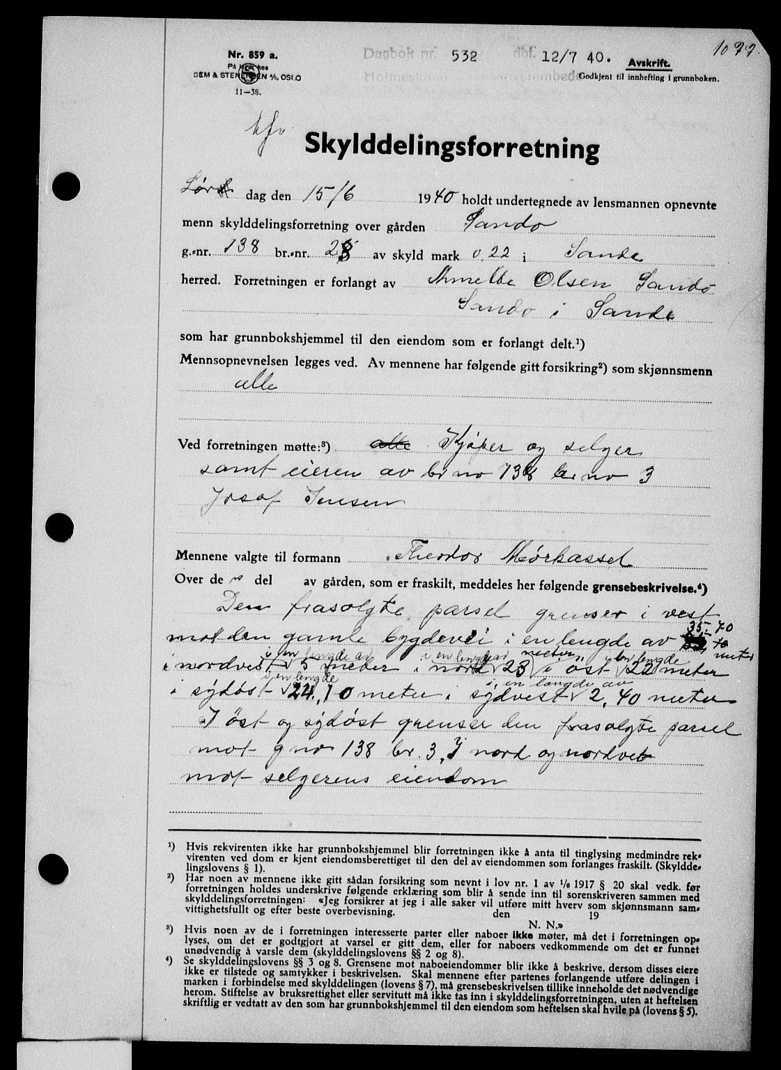 Holmestrand sorenskriveri, SAKO/A-67/G/Ga/Gaa/L0051: Pantebok nr. A-51, 1939-1940, Dagboknr: 532/1940