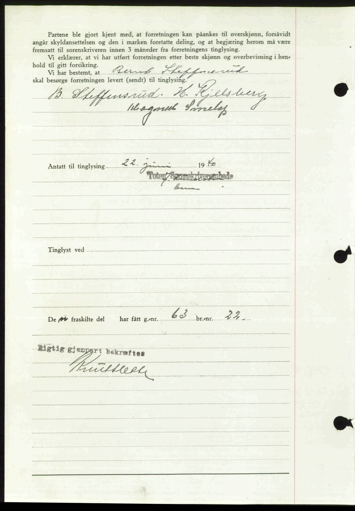 Toten tingrett, SAH/TING-006/H/Hb/Hbc/L0007: Pantebok nr. Hbc-07, 1939-1940, Dagboknr: 599/1940