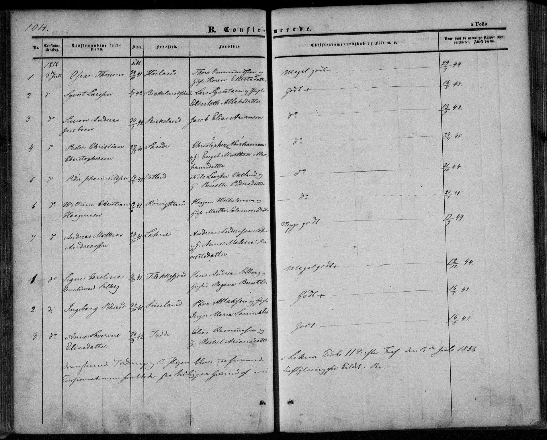 Kvinesdal sokneprestkontor, SAK/1111-0026/F/Fa/Faa/L0002: Ministerialbok nr. A 2, 1850-1876, s. 104