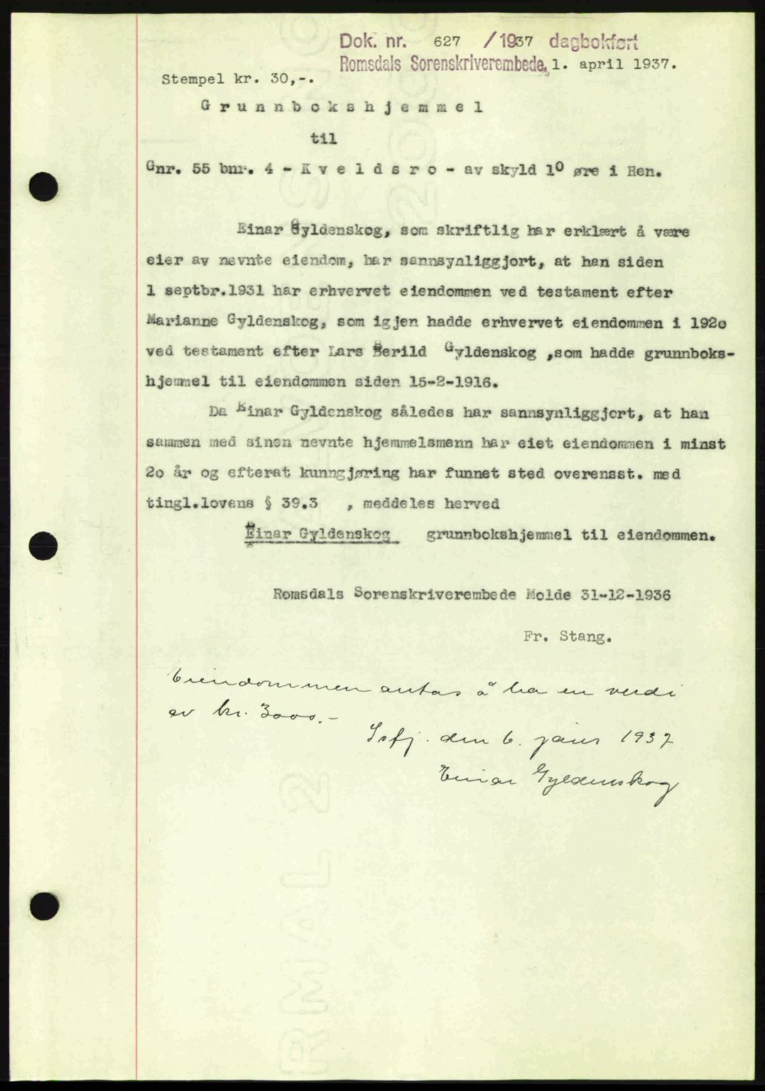 Romsdal sorenskriveri, SAT/A-4149/1/2/2C: Pantebok nr. A3, 1937-1937, Dagboknr: 627/1937