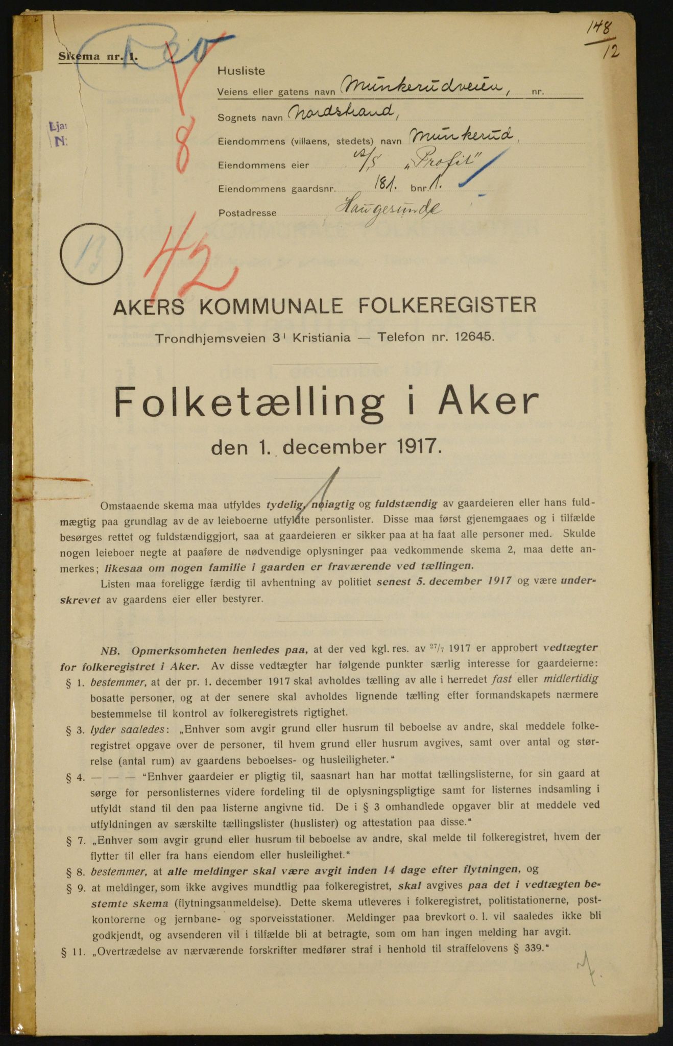 OBA, Kommunal folketelling 1.12.1917 for Aker, 1917, s. 18566