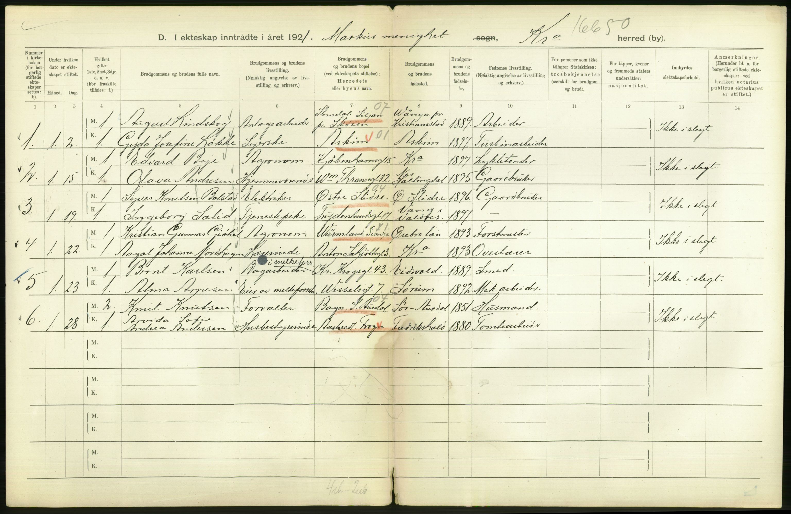 Statistisk sentralbyrå, Sosiodemografiske emner, Befolkning, AV/RA-S-2228/D/Df/Dfc/Dfca/L0011: Kristiania: Gifte, 1921, s. 346