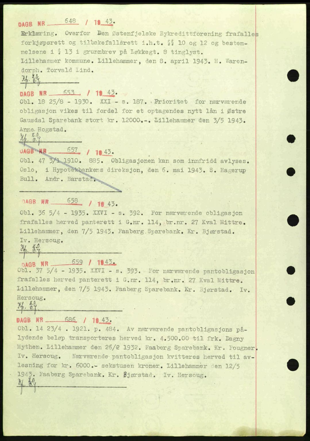 Sør-Gudbrandsdal tingrett, SAH/TING-004/H/Hb/Hbf/L0003: Pantebok nr. C5a, 1939-1946, Dagboknr: 648/1943