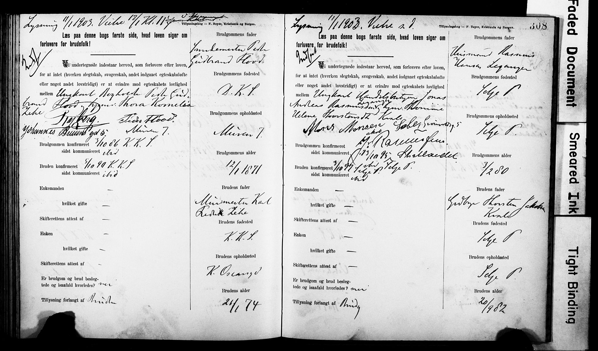 Korskirken sokneprestembete, SAB/A-76101: Forlovererklæringer nr. II.5.7, 1898-1903, s. 308