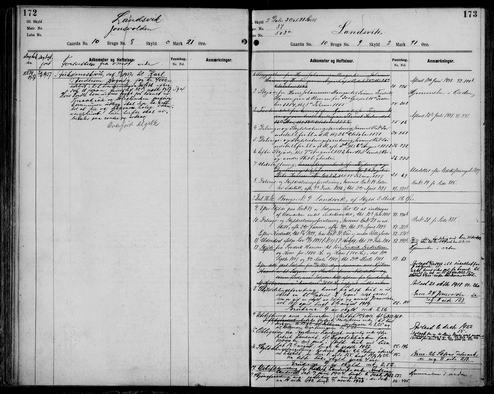 Nordhordland sorenskrivar, AV/SAB-A-2901/1/G/Ga/Gaaa/L0044: Panteregister nr. II.A.a.44, 1893-1952, s. 172-173