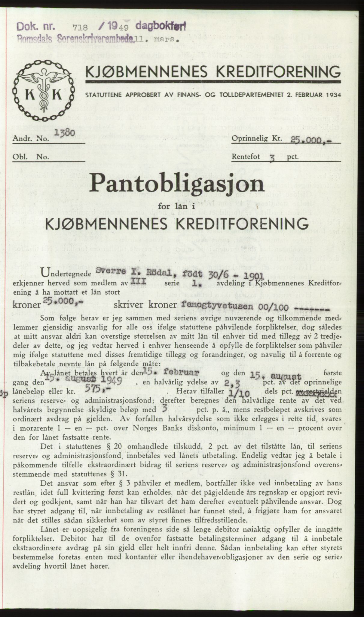 Romsdal sorenskriveri, SAT/A-4149/1/2/2C: Pantebok nr. B4, 1948-1949, Dagboknr: 718/1949